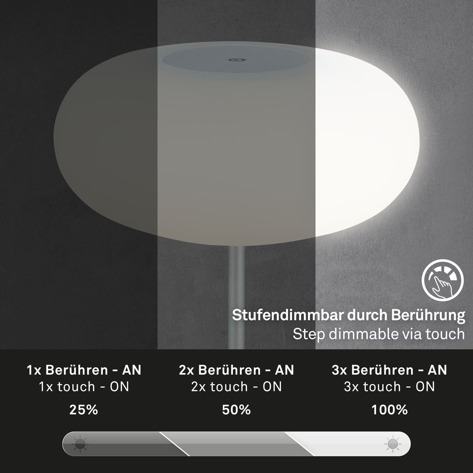 BRILO 7440-014 LED bateriové stolní svítidlo pr.12,5 cm, LED modul, 3W, 350 lm, matný chrom - BRILO (obrázek 3)