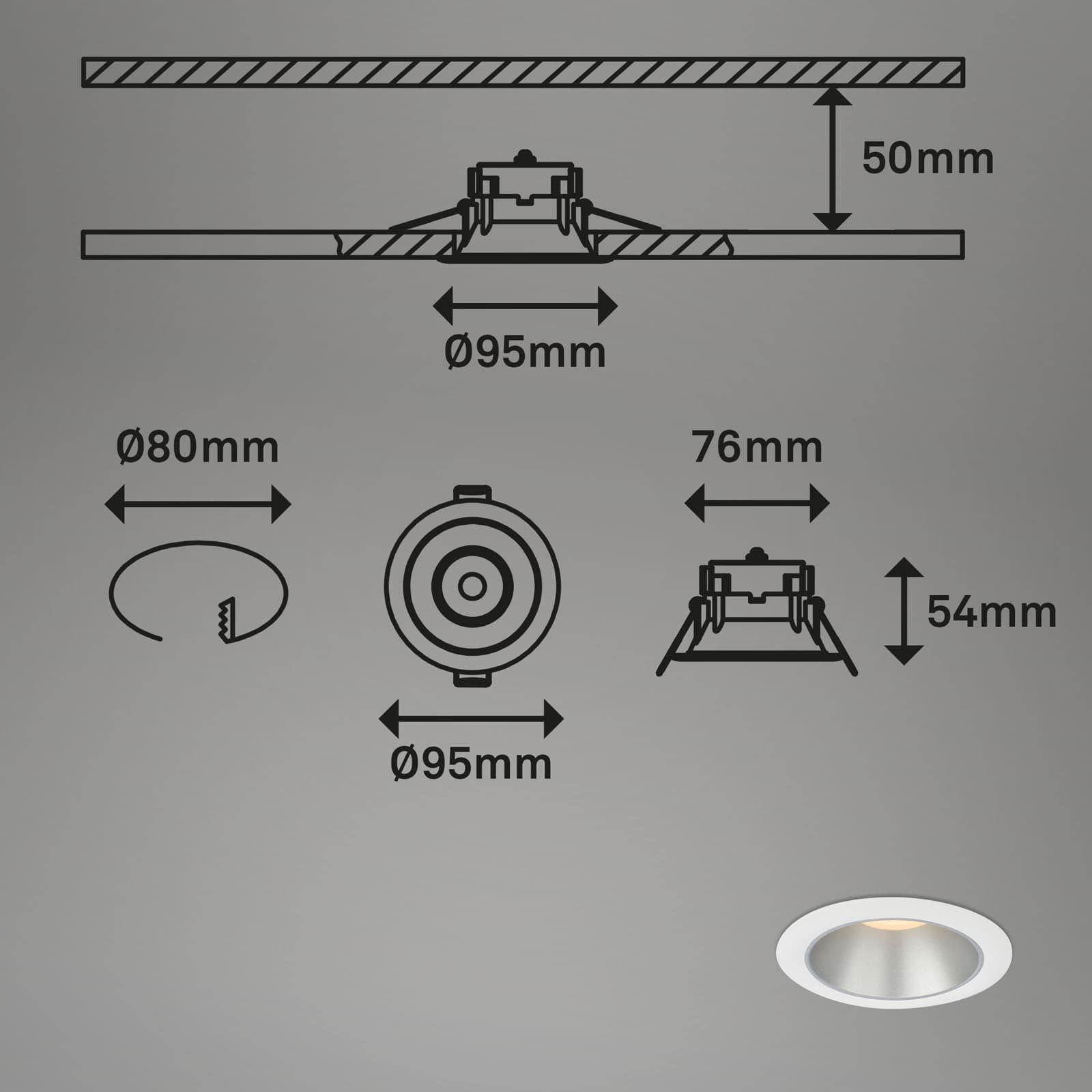 BRI 7041-036 LED vestavná svítidla sada, pr.9,5 cm, 3x LED, 4,9 W, 480 lm, bílé-stříbrná - BRILONER (obrázek 6)
