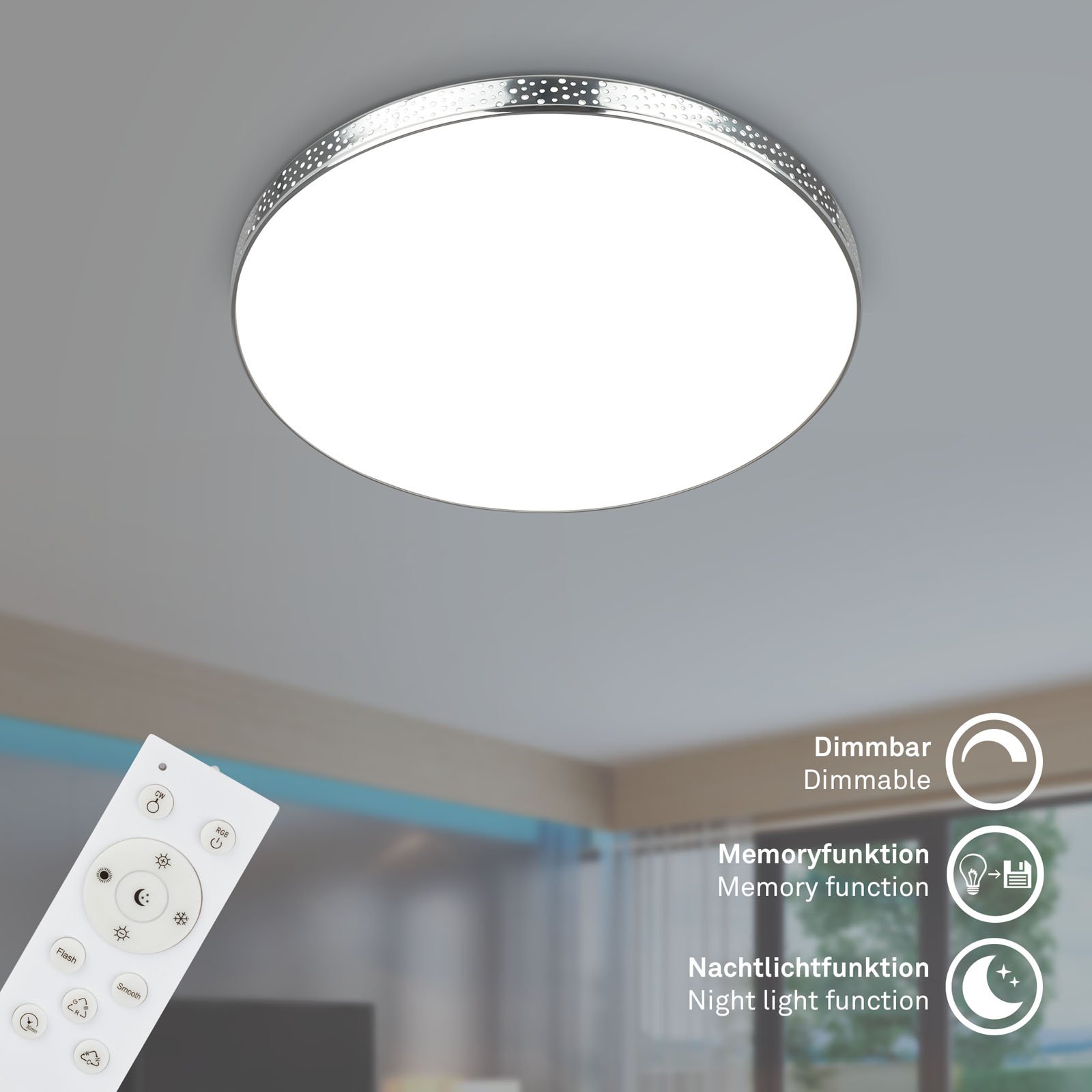 BRILO 3679-018 RGB-CCT LED stropní svítidlo, pr. 35,5 cm, 18W, 1850 lm, chrom - BRILO (obrázek 3)