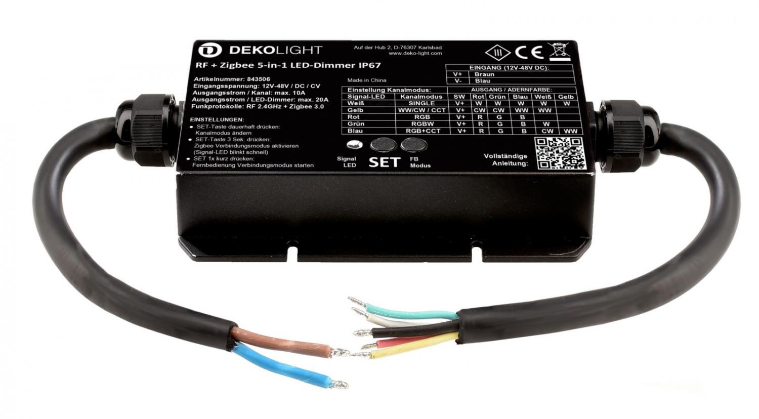 IMPR 843506 Deko-Light stmívač, RF-smart, LED-stmívač 5v1, 5 kanálový, 12-48V, 20A, IP67, konstantní napětí, 12-48V DC RF / Zigbee 3.0 / Intelli-Push 5 CH - LIGHT IMPRESSIONS