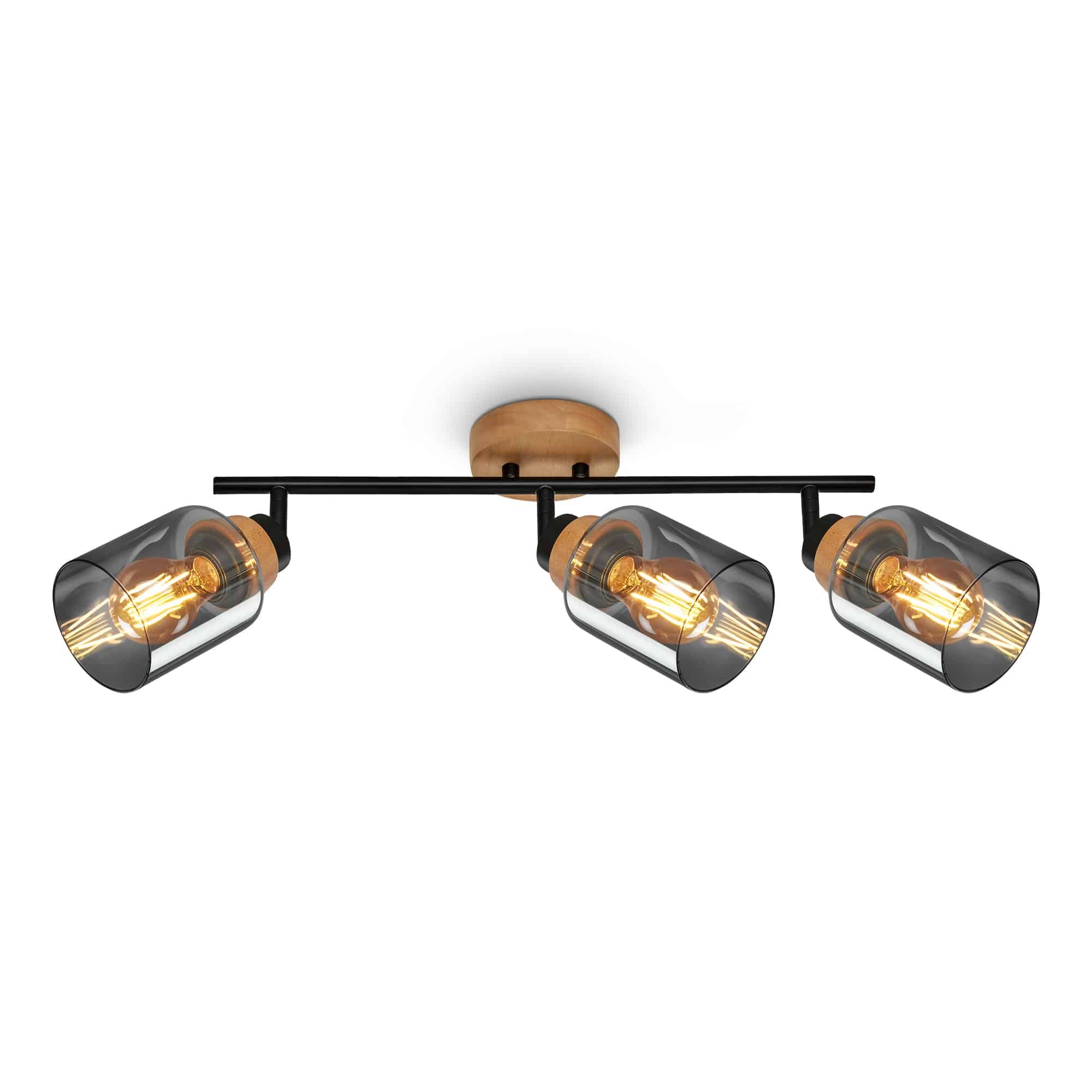 BRILO 2485035 Briloner Hema stropní bodové svítidlo, kouřové sklo, nastavitelné, 3-ramenné, dřevěná základna - BRILONER