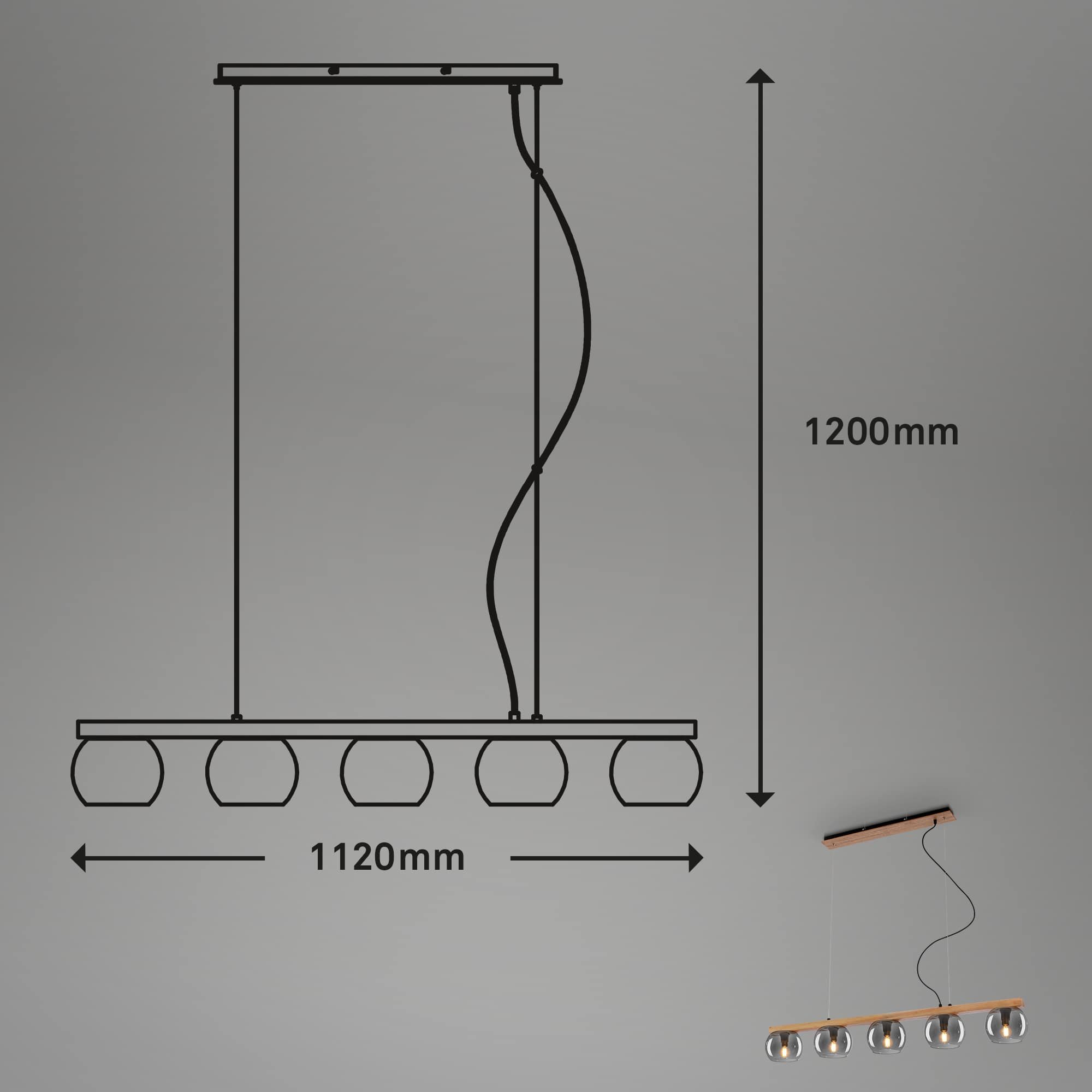 BRI 4143054 Závěsné svítidlo, 120 cm, 5x E14, max. 10W, kouřová/dřevo - BRILONER (obrázek 7)