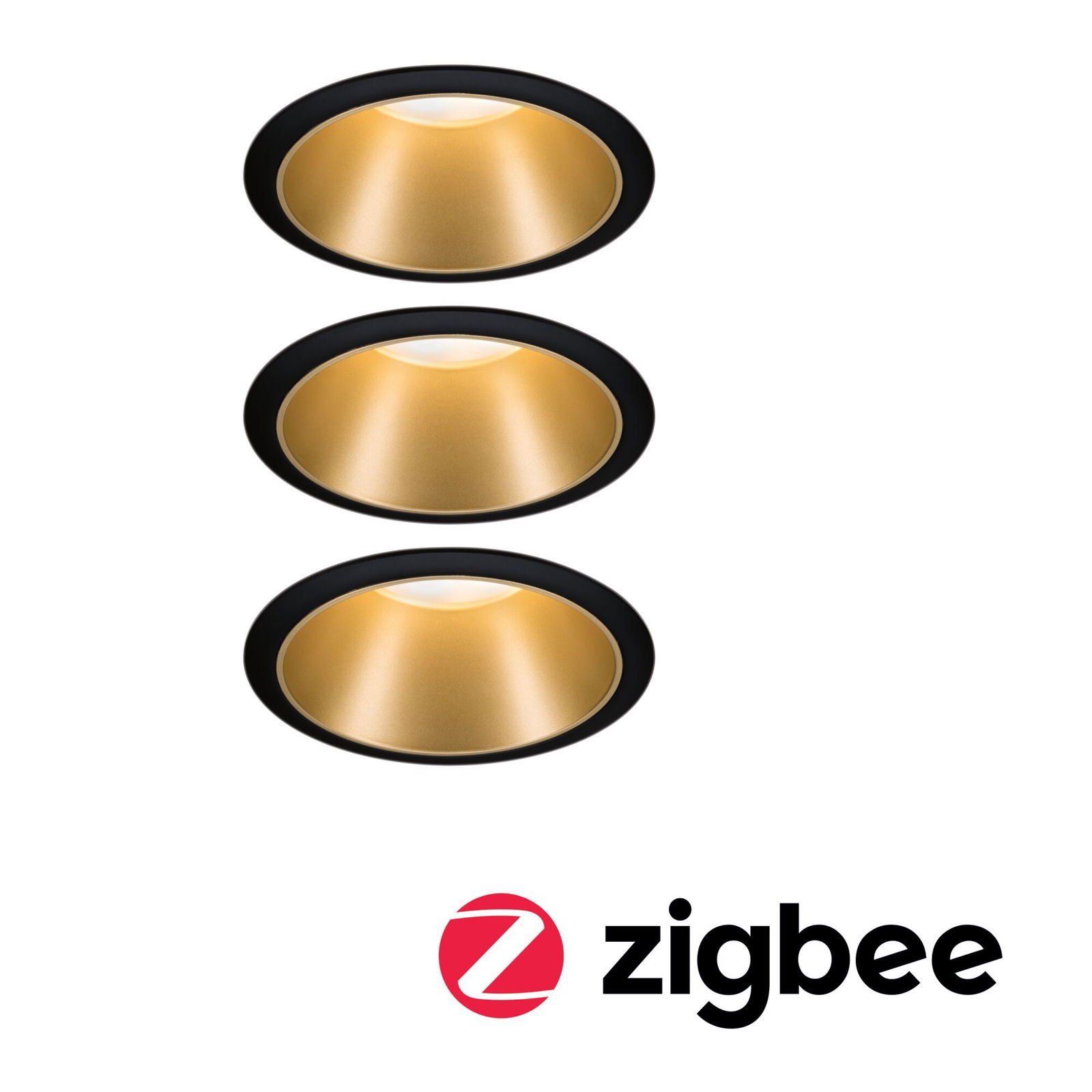 P 5146 Smart Home Zigbee set Smart Home Zigbee 3.0 vestavné svítidlo Cole + Zigbee Coin IP44 kruhové 88mm 3x6W 230V stmívatelné 2700K černá/zlatá mat - PAULMANN