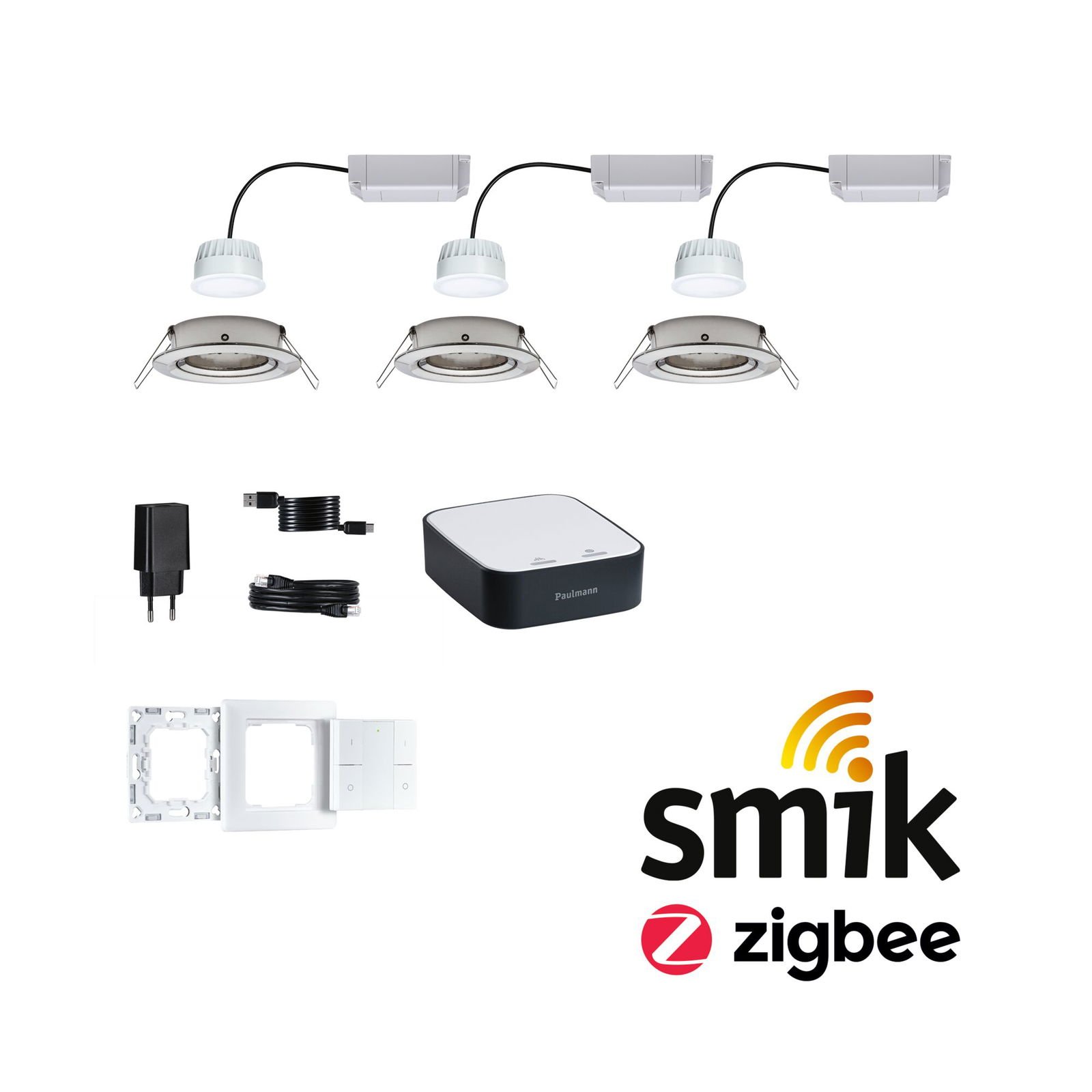 P 5180 Startovací sada Smart Home smik Gateway nástěnný ovladač + LED vestavné svítidlo Nova Plus Coin základní sada výklopné měnitelná bílá - PAULMANN