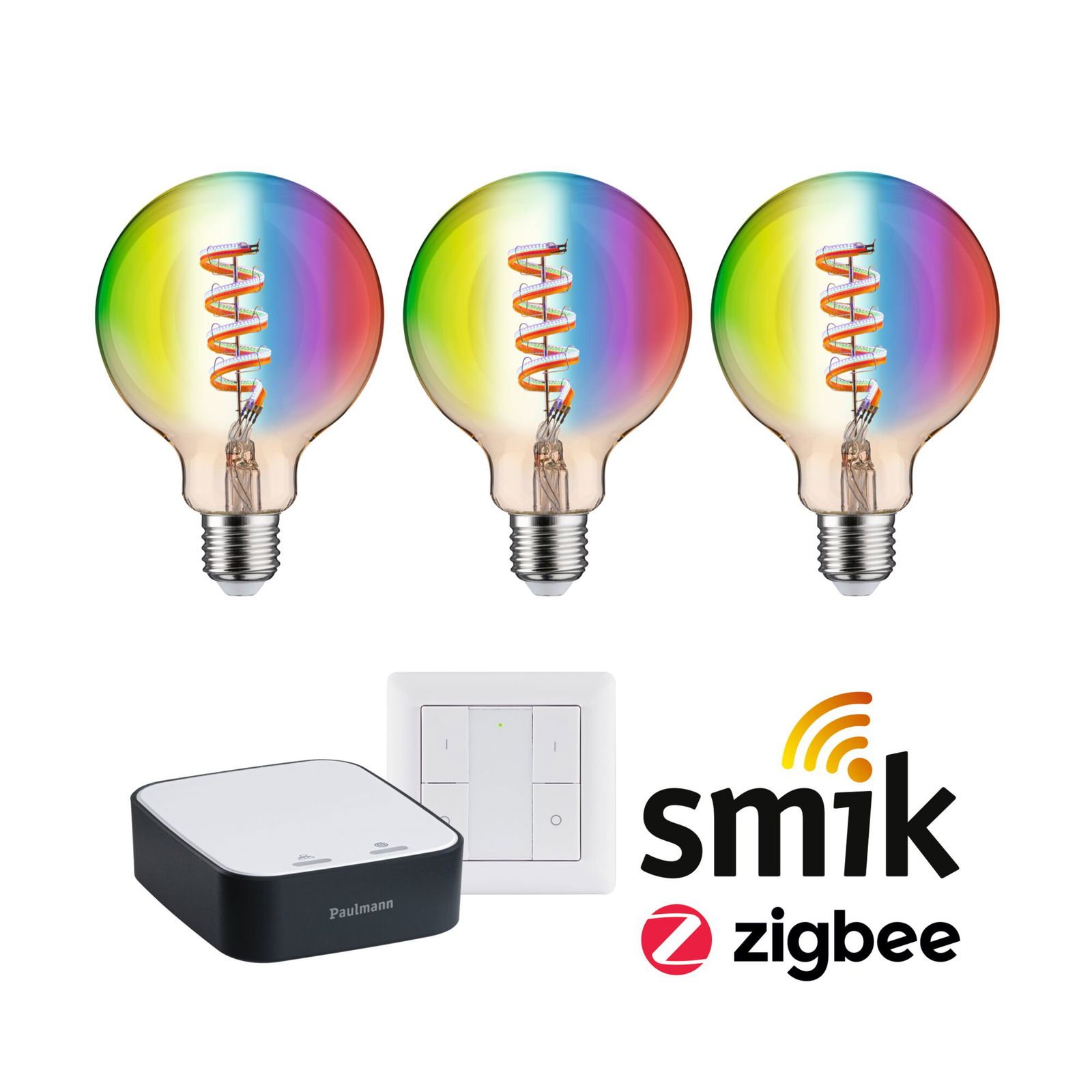P 5193 Startovací sada Smart Home Zigbee 3.0 LED žárovka Filament G95 RGBW + Gateway + vypínač - PAULMANN
