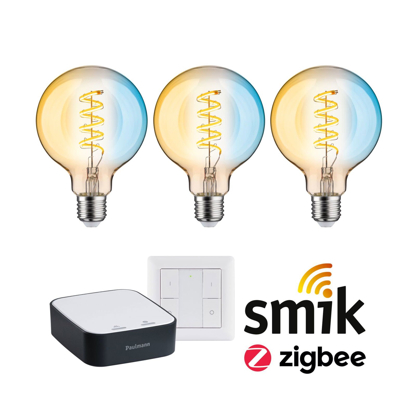 P 5195 Startovací sada Zigbee 3.0 Smart Home smik Gateway + LED žárovka Filament G95 měnitelná bílá + vypínač - PAULMANN