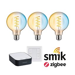 Obrázek pro produkt Startovací sada Zigbee 3.0 Smart Home smik Gateway + LED žárovka Filament G95 měnitelná bílá + vypínač - PAULMANN