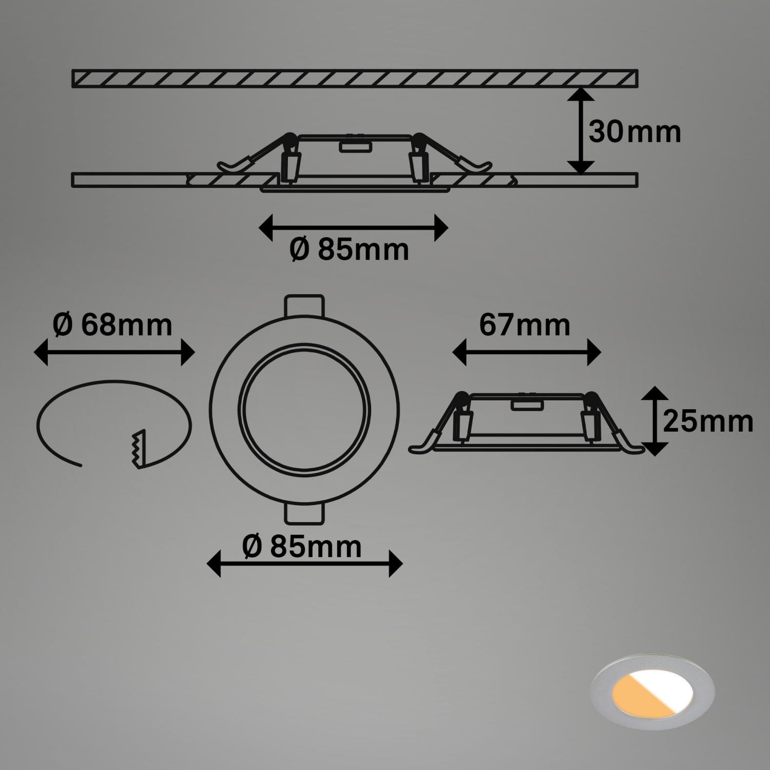 BRILO 7599034 3ks sada CTS vestavné svítidlo, 8,5 cm, 4W, 300lm matný chrom - BRILO (obrázek 5)