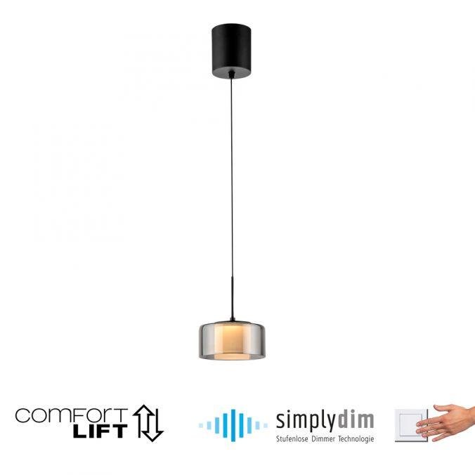 PN 2112-18 Závěsné svítidlo LED RIKA 1 ramenné černá nastavitelná výška Comfort Lift SimplyDim 3000K - PAUL NEUHAUS