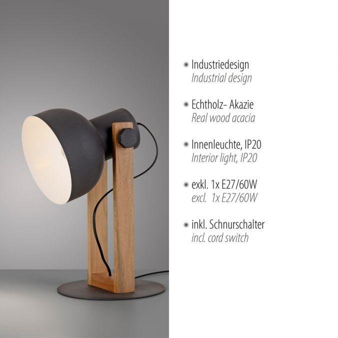 LD 15746-18 CUP 2.0 stolní lampa černá dřevo z akácie nastavitelná výška industriální - JUST LIGHT (obrázek 3)