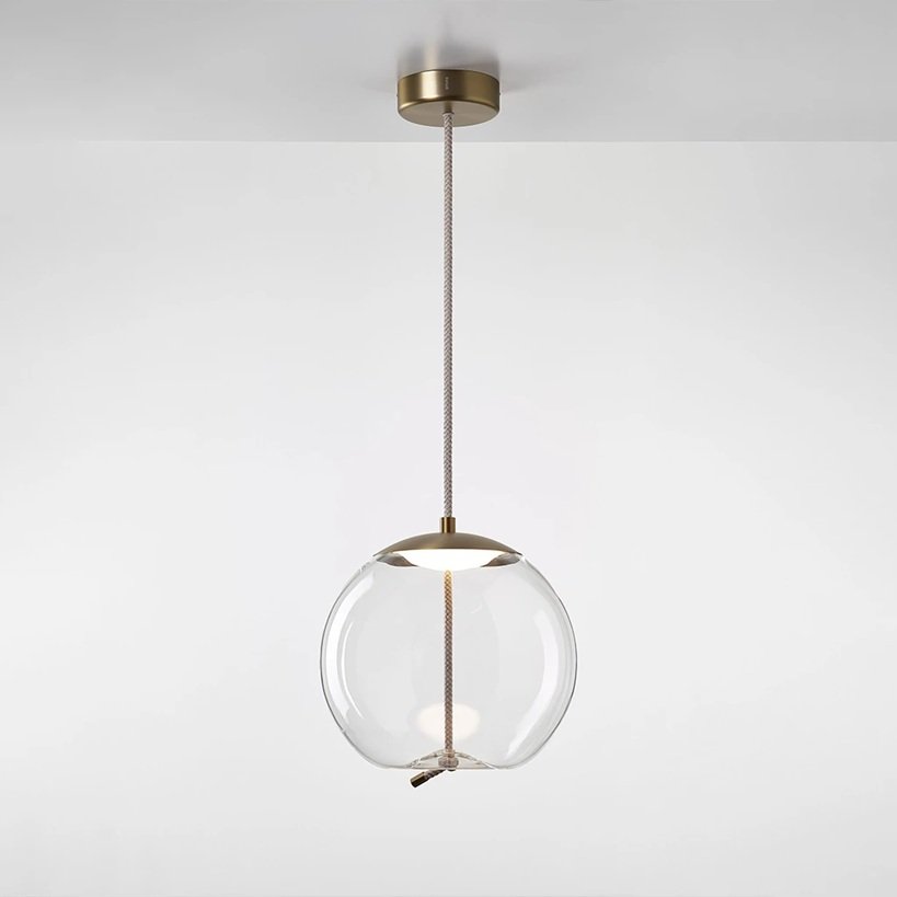 Levně BRO PC01035_098 Závěsné svítidlo KNOT SMALL SFERA sklo transparentní / montura + baldachýn broušená champagne lak / provaz přírodní - BROKIS A