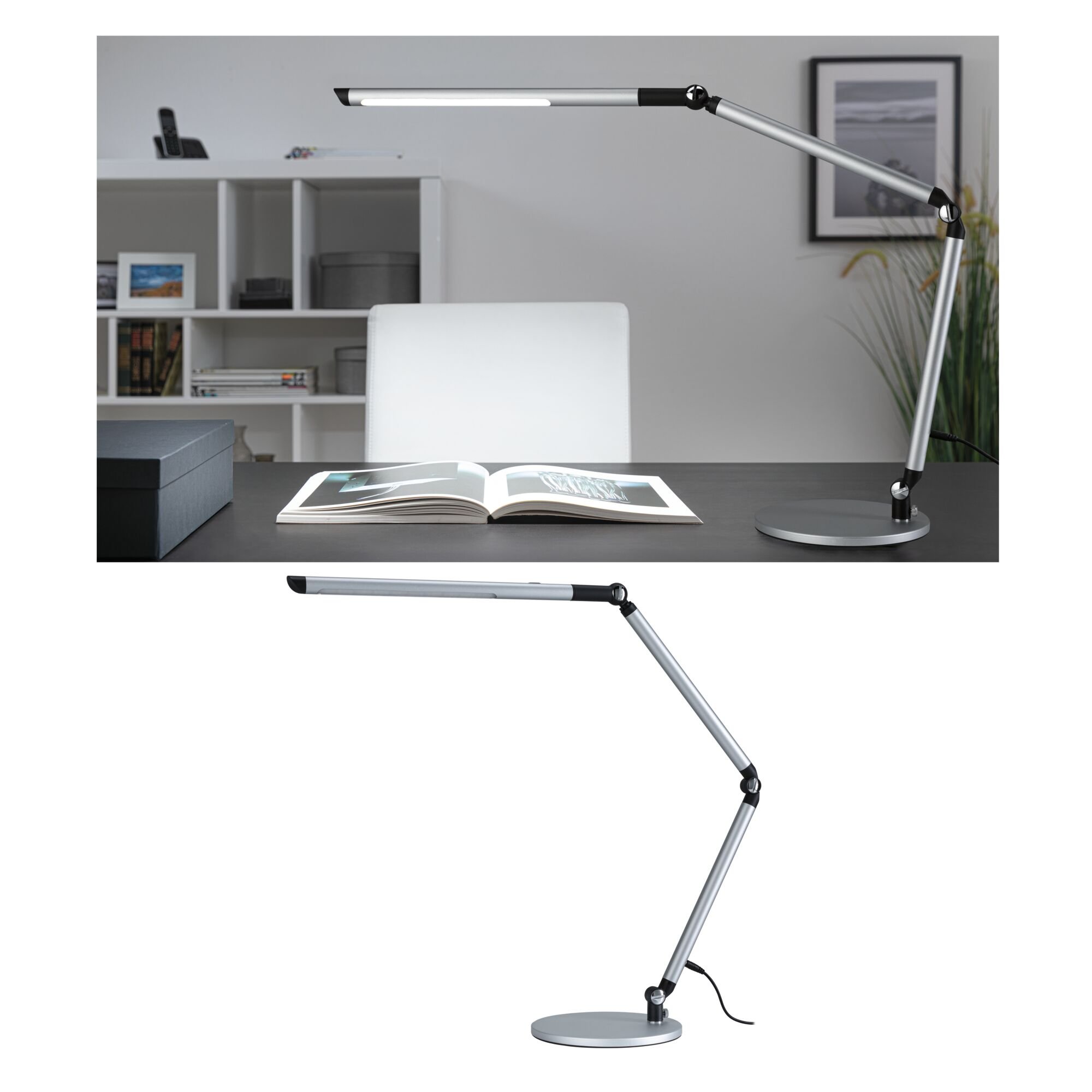 P 79562 LED stolní lampa na psací stůl 3-krokové-stmívatelné flexibilní rameno CCT 9,5W stříbrná mat - PAULMANN