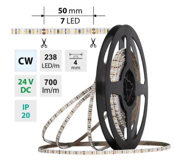 ML-126.044.90.9-03000.1000X03 AKCE - LED pásek SMD2216 CW 238LED/m 7,2W/m DC 24V 700lm/m CRI90 IP20 4mm délka 3m vodič A 1,0m -X03