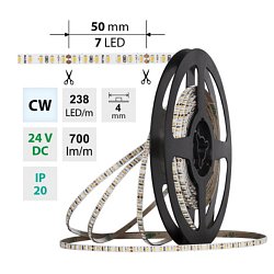 Obrázek pro produkt AKCE - LED pásek SMD2216 CW 238LED/m 7,2W/m  DC 24V 700lm/m CRI90 IP20 4mm délka 3m vodič A 1,0m -X03