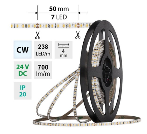 ML-126.044.90.9-04000.1000X03 AKCE - LED pásek SMD2216 CW 238LED/m 7,2W/m DC 24V 700lm/m CRI90 IP20 4mm délka 4m vodič A 1,0m-X03