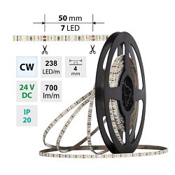 Obrázek pro produkt AKCE - LED pásek SMD2216 CW 238LED/m 7,2W/m DC 24V 700lm/m CRI90 IP20 4mm délka 4m vodič A 1,0m-X03
