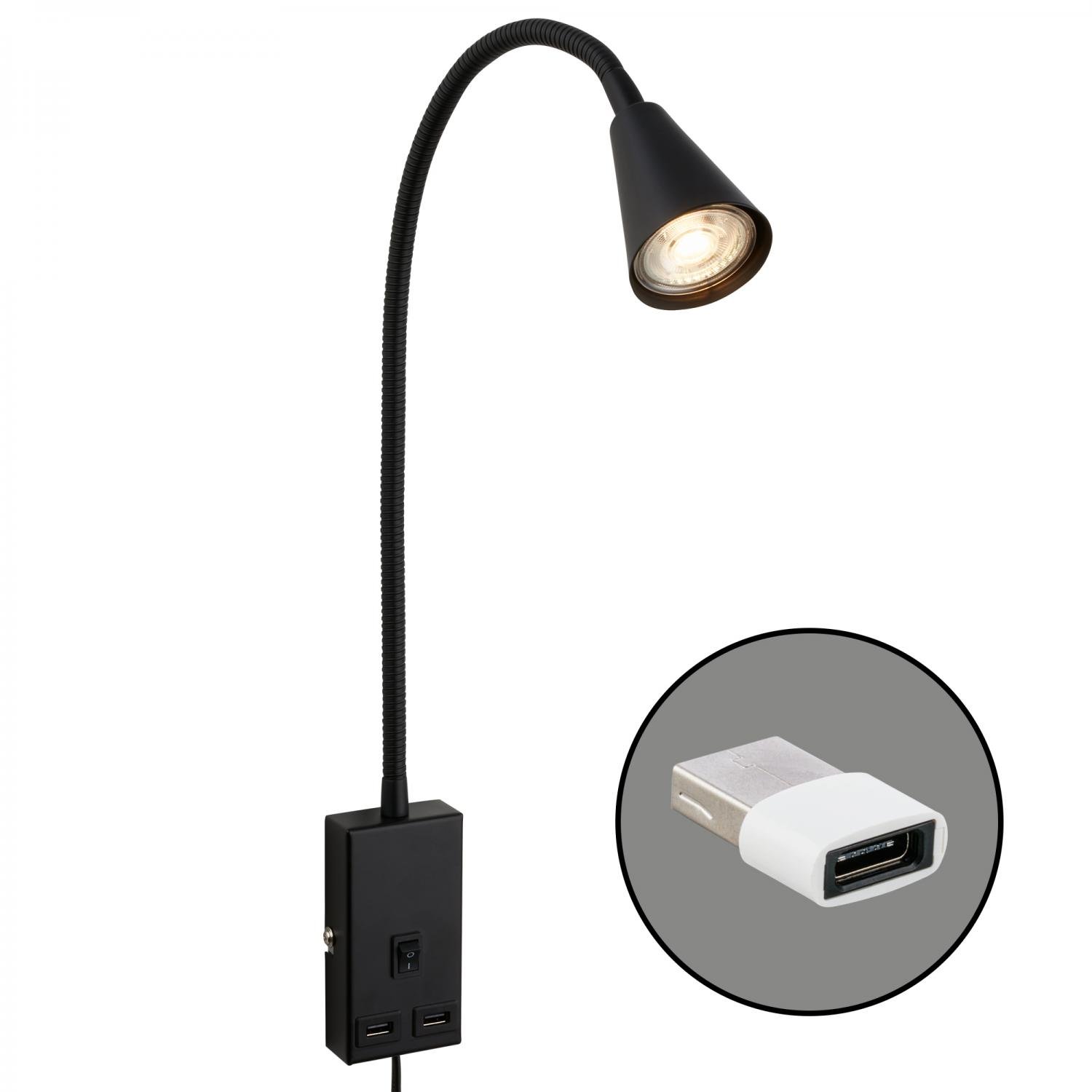 BRI 2175015 Justra lampa na čtení, nastavitelná, 2x USB porty, černá - BRILONER