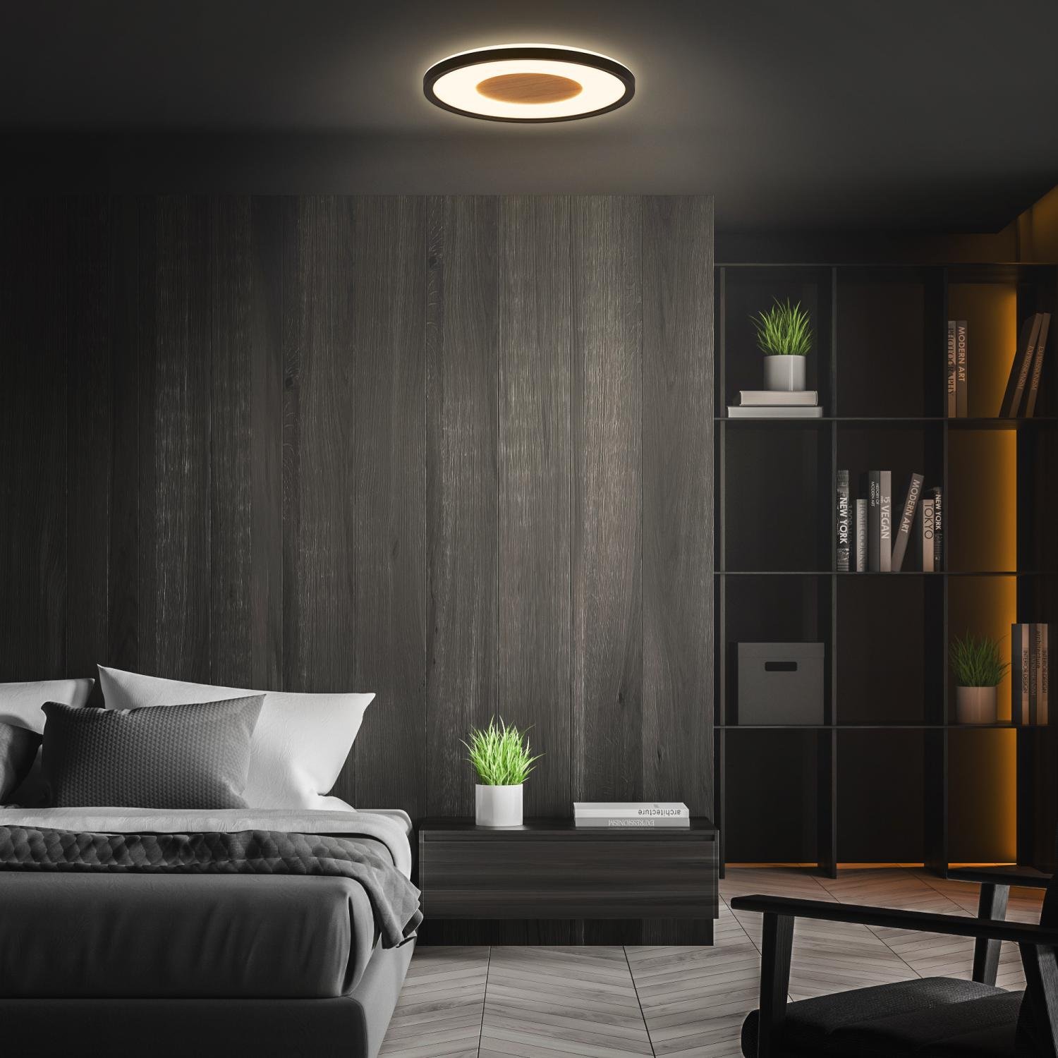 BRILO 3850015 Sufit Wood LED stropní svítidlo ploché, dřevěný dekor, přímé a nepřímé osvětlení, černá - BRILO (obrázek 5)