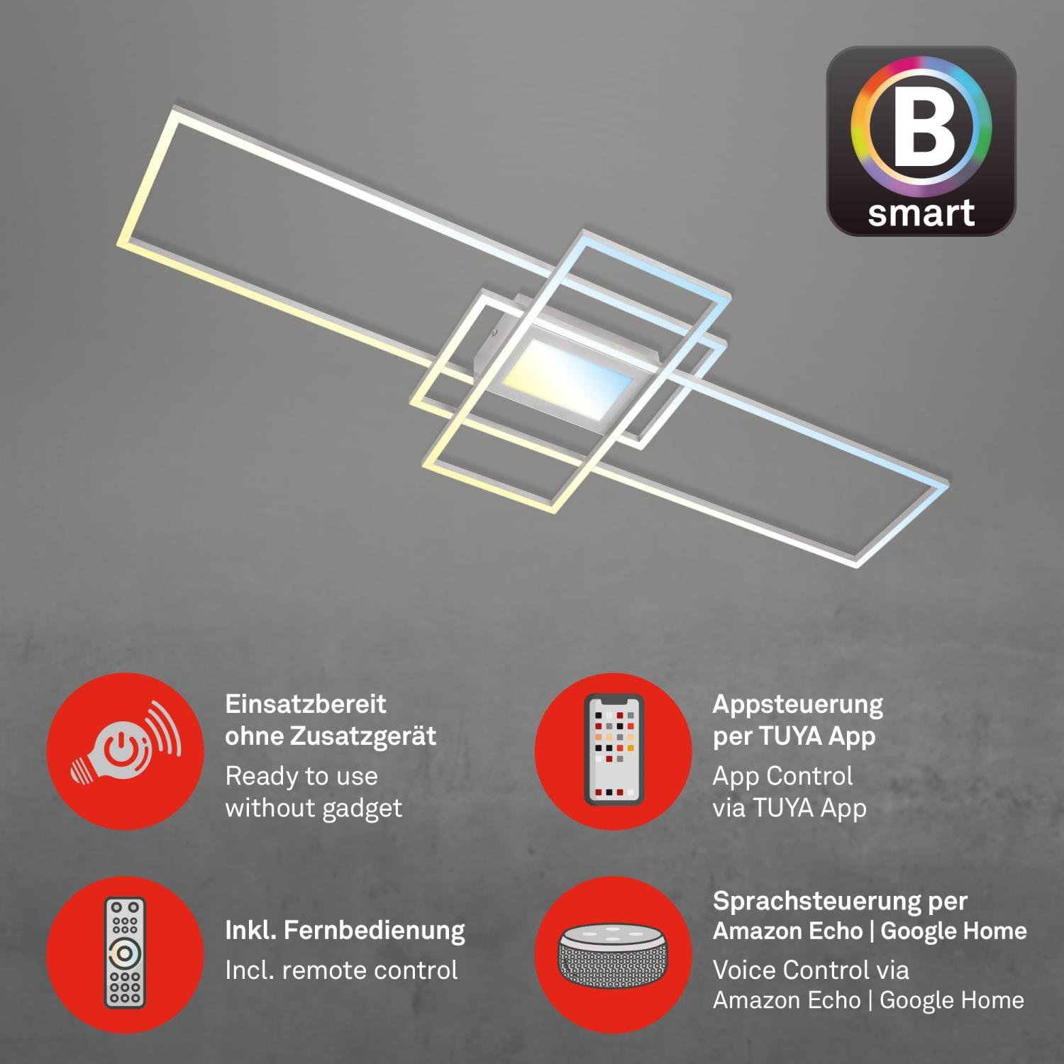 BRILO 3812019 Ram LED stropní svítidlo, Smart, ovládání hlasem nebo v aplikaci, dálkové ovládání, hliník - BRILO (obrázek 3)