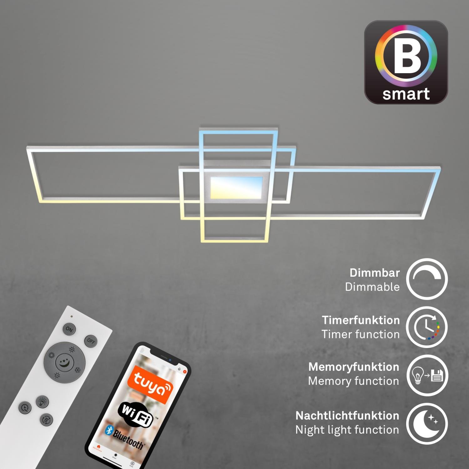 BRILO 3812019 Ram LED stropní svítidlo, Smart, ovládání hlasem nebo v aplikaci, dálkové ovládání, hliník - BRILO (obrázek 4)