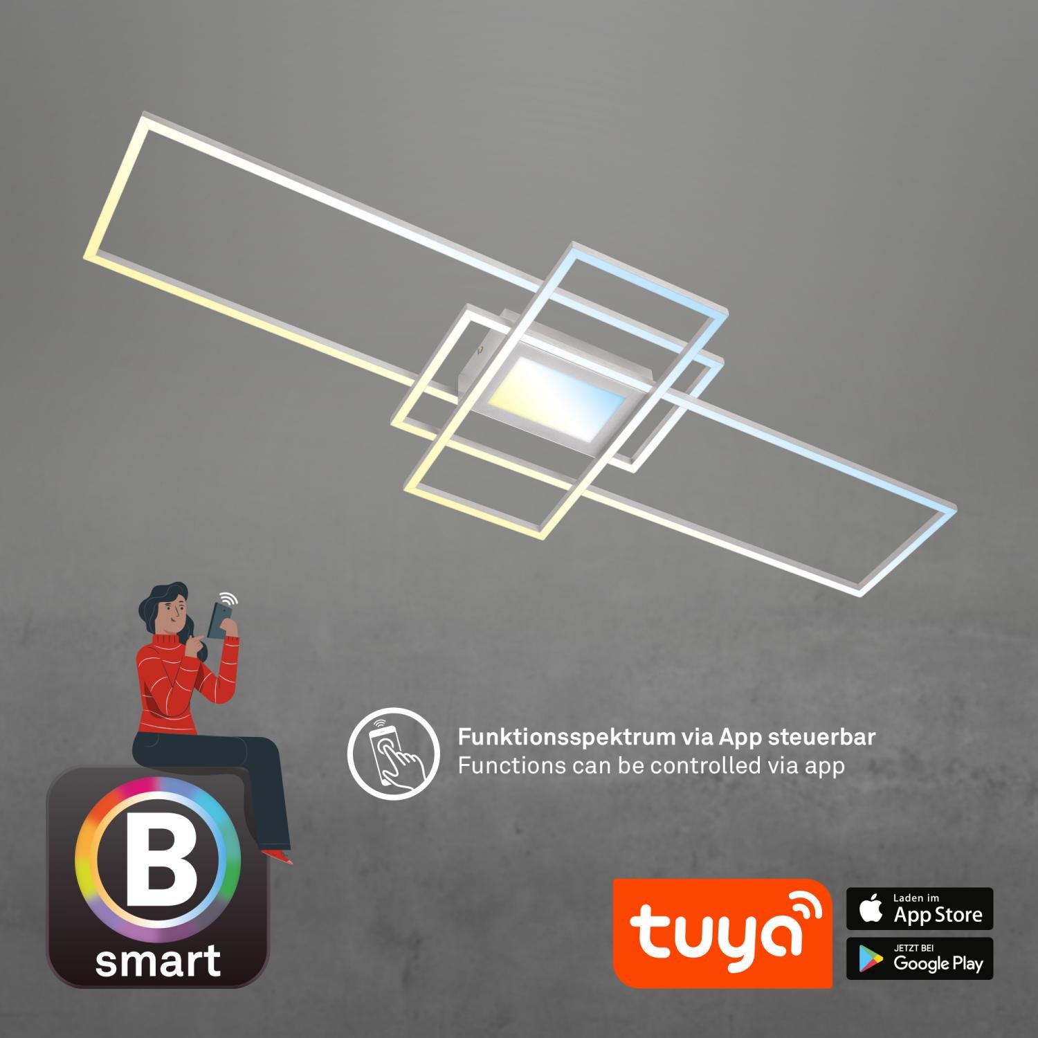 BRILO 3812019 Ram LED stropní svítidlo, Smart, ovládání hlasem nebo v aplikaci, dálkové ovládání, hliník - BRILO (obrázek 6)