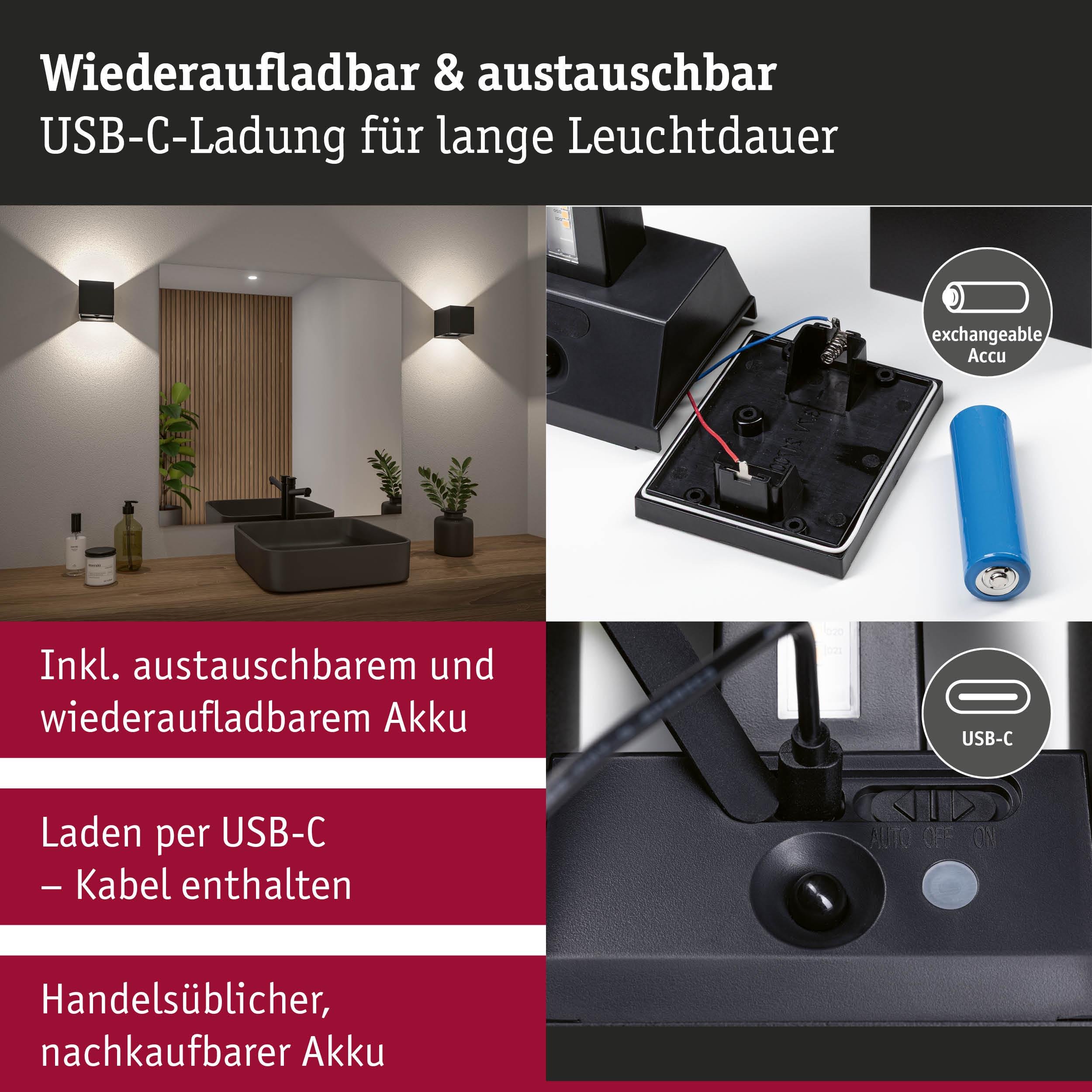 P 71282 LED nabíjecí nástěnné svítidlo Nyara IP44 3000K 100x100mm 2x1W černá - PAULMANN (obrázek 5)