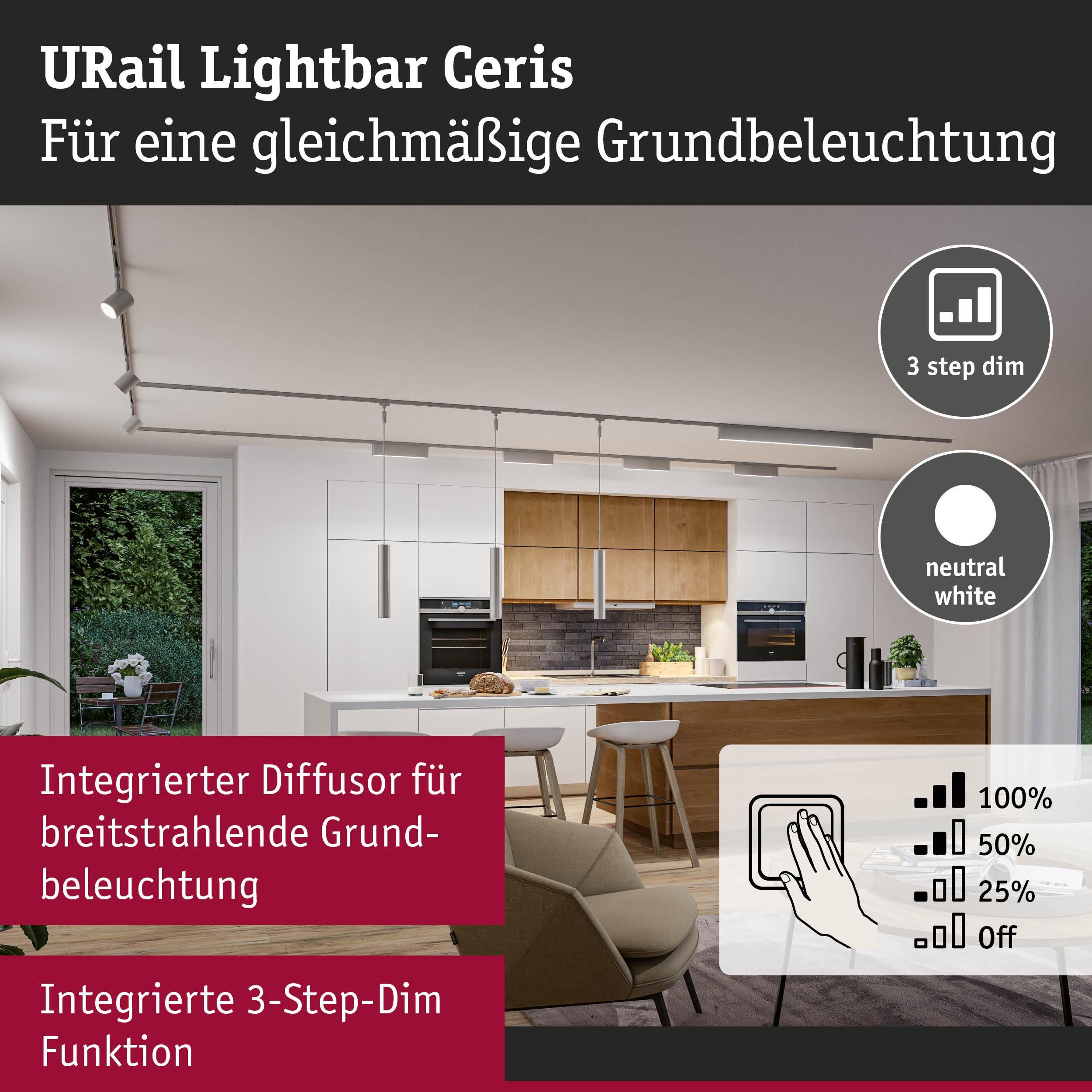 P 95712 URail Lightbar 3-krokové-stmívatelné Ceris 9,5W 4000K stmívatelné 230V matný chrom - PAULMANN