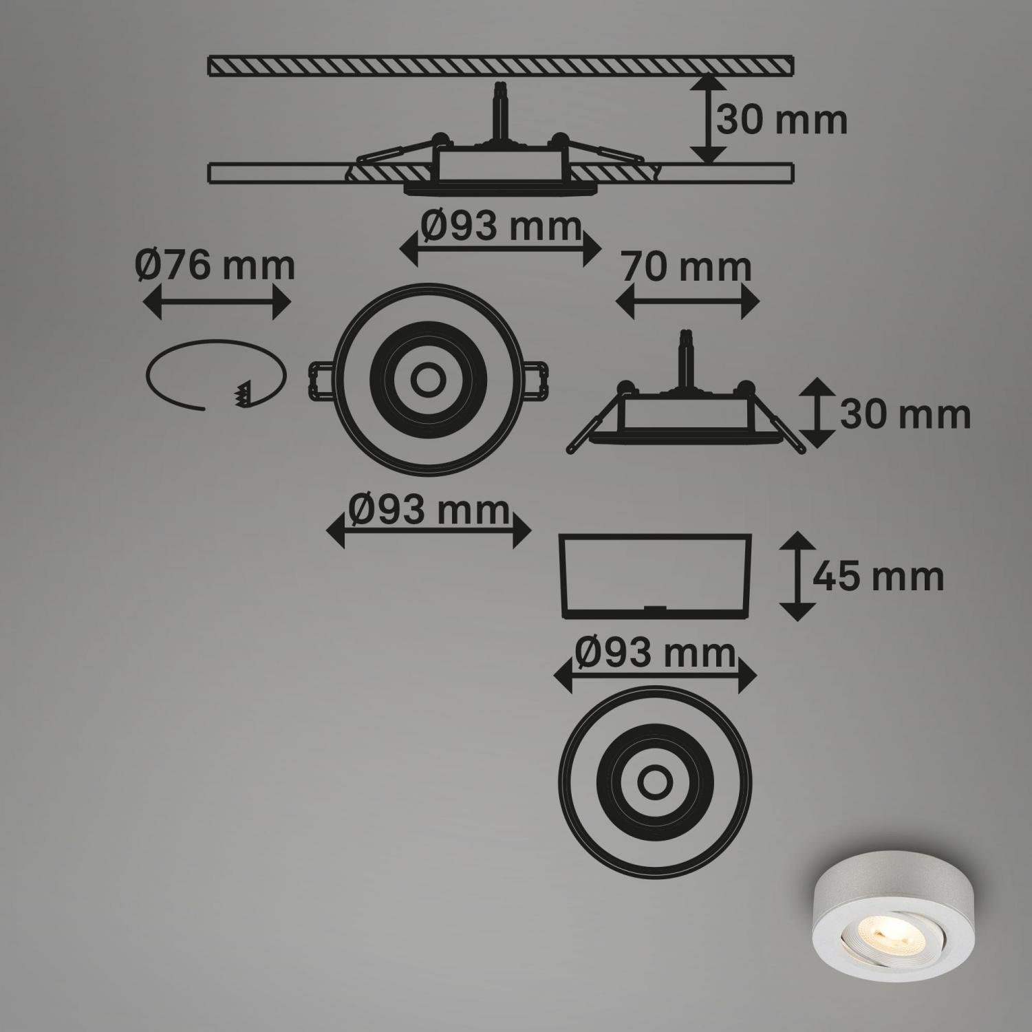 BRI 7990014 LED vestavné / přisazené bodové svítidlo – pr.90mm, stmívatelné, 5W, 230V, teplá bílá, nastavitelné, matný chrom - BRILONER (obrázek 9)