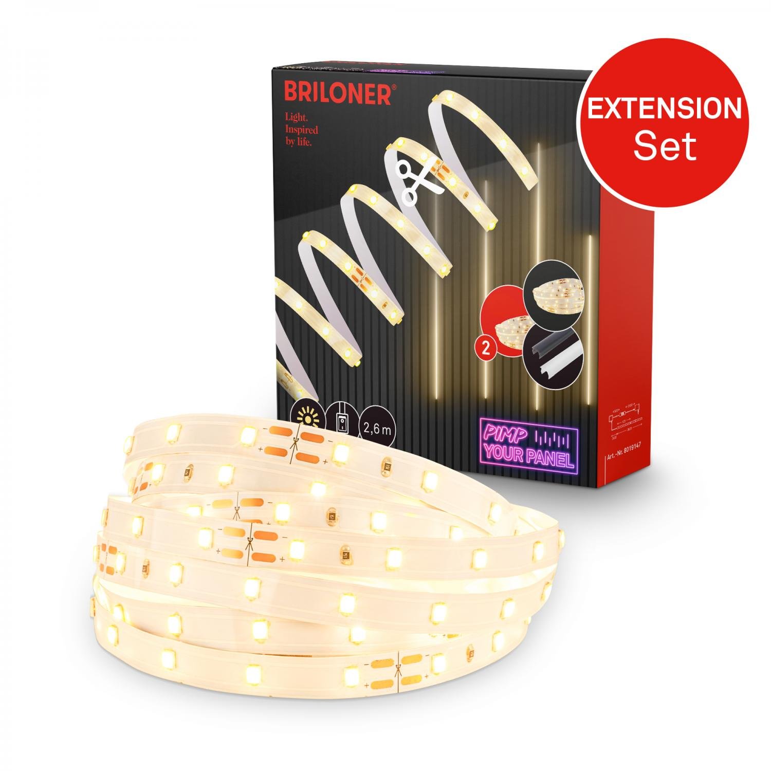 BRI 8019147 Prodlužovací sada LED Strip On/Off pro nástěnný panel – 260 cm, teplá bílá, zkracovatelná, samolepící, bílé - BRILONER