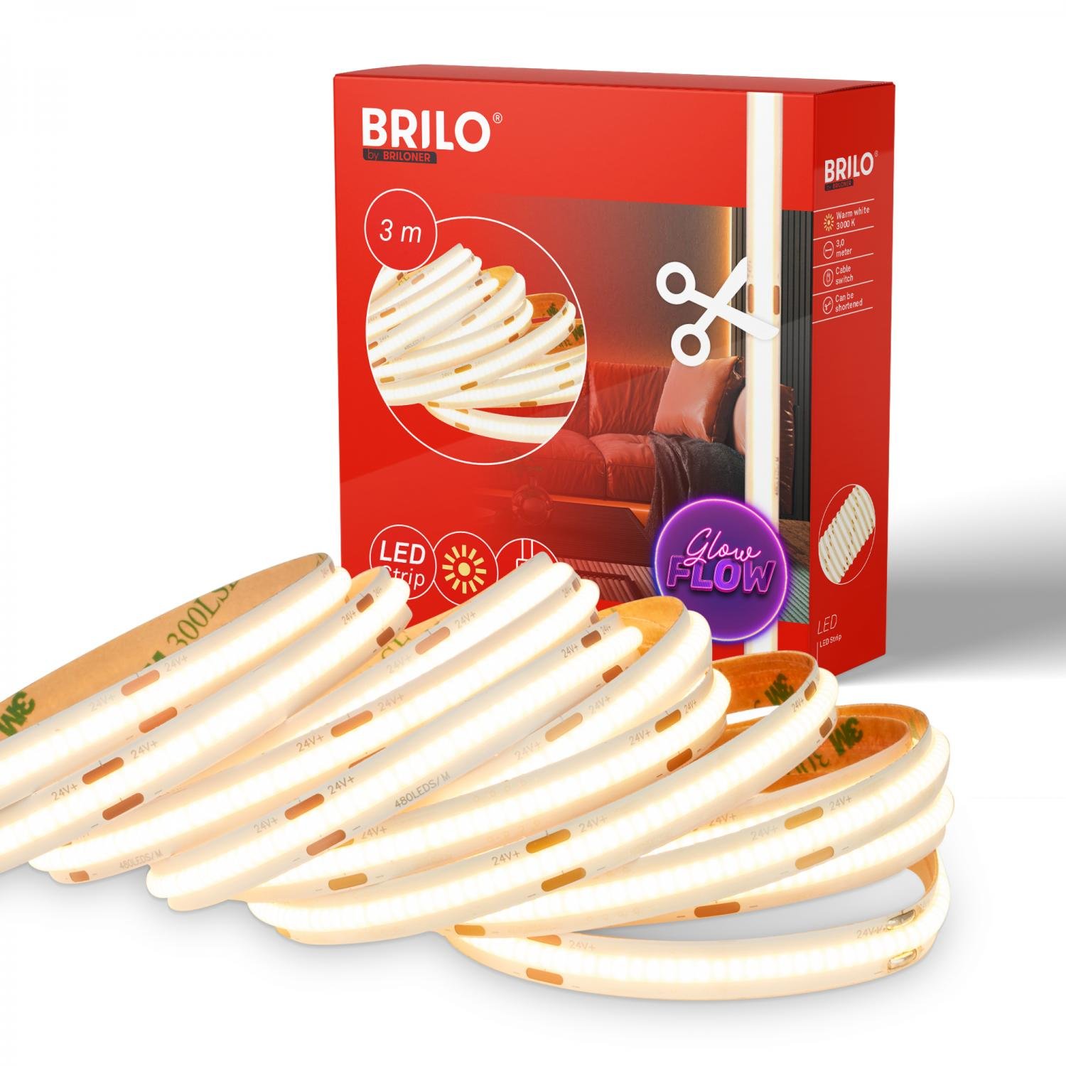Levně BRILO 2318480 COB LED Strip 3m, samolepící, teplá bílá, bílé - BRILO