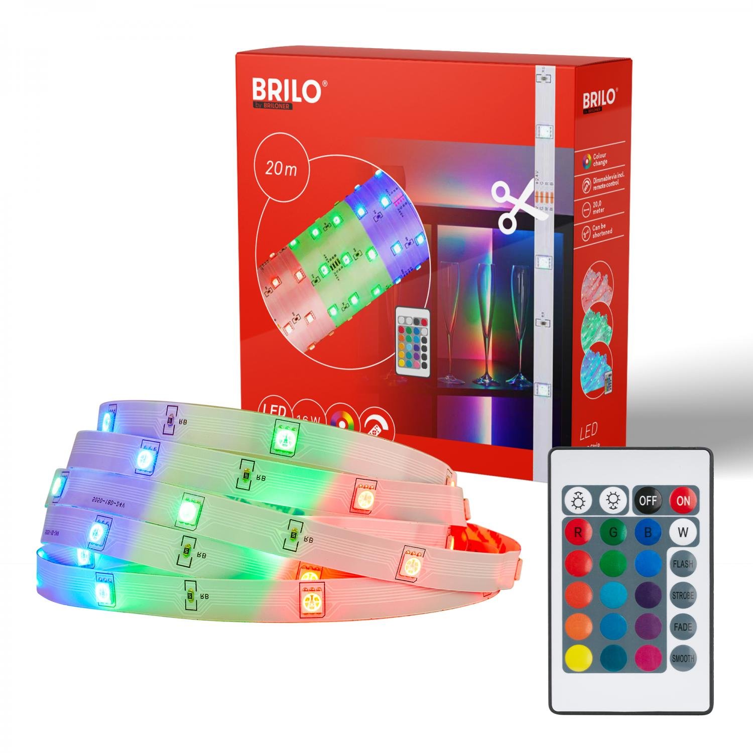 BRILO 2323360 LED Strip 20m, dálkový ovladač, RGB barevné módy, bílé - BRILO