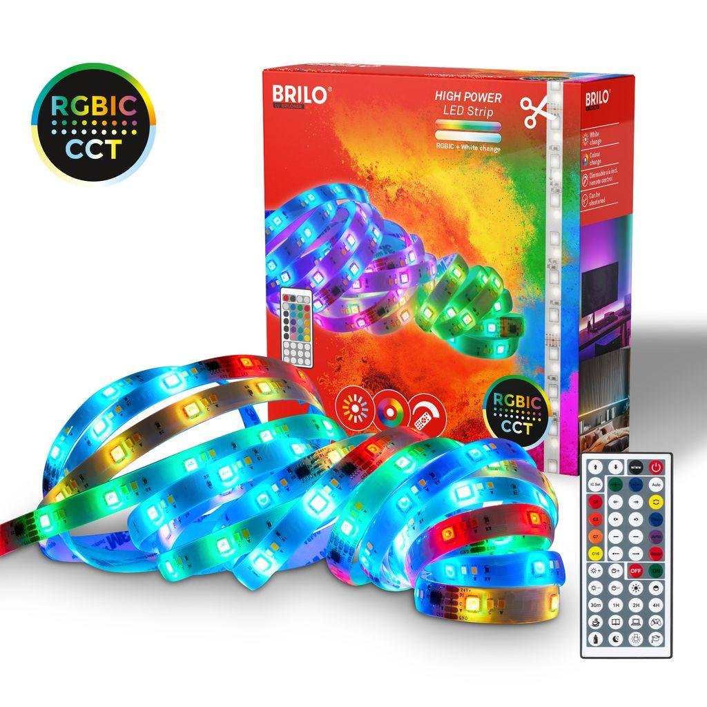 BRILO 2354156 LED pásek 5 m - stmívatelné, RGBIC, CCT, dálkový ovladač, samolepící, bílé - BRILO