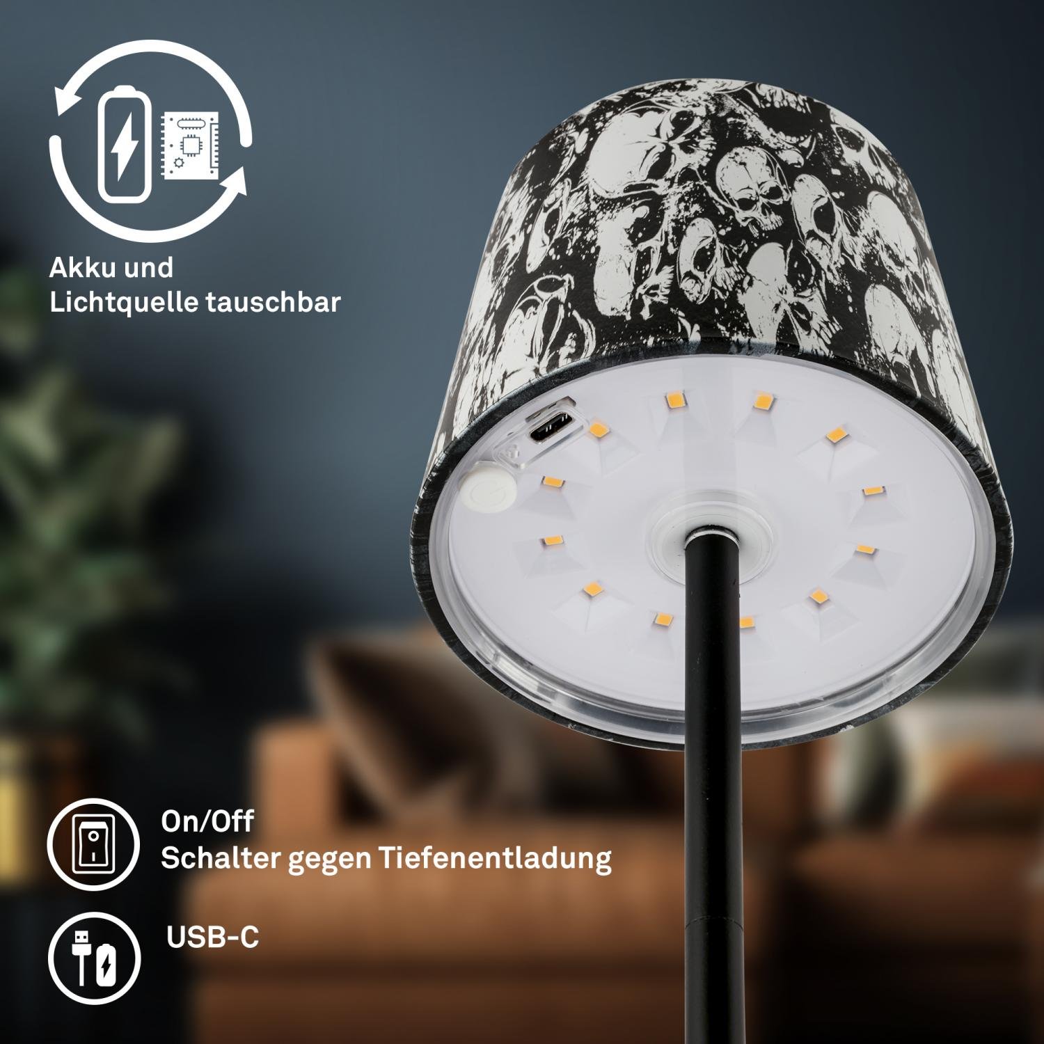 BRILO 7423043 Boja LED stolní lampička bezdrátová IP44, stmívatelné, dotykový vypínač, motiv lebky - BRILO (obrázek 4)