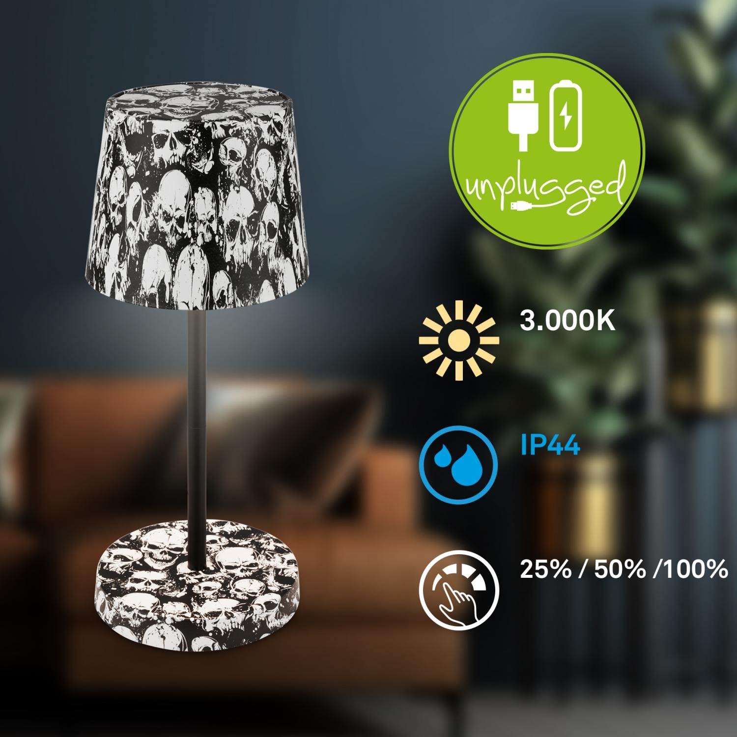 BRILO 7423043 Boja LED stolní lampička bezdrátová IP44, stmívatelné, dotykový vypínač, motiv lebky - BRILO (obrázek 6)