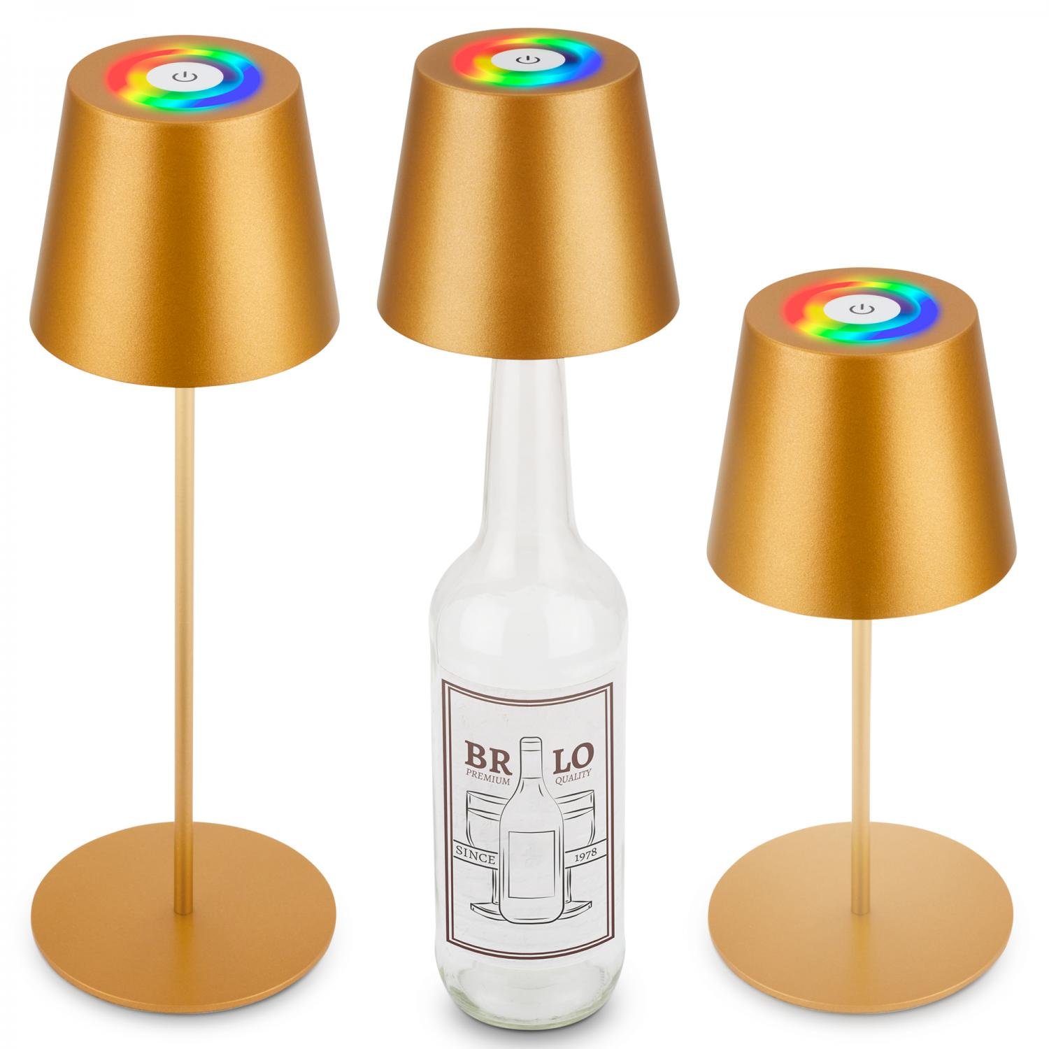 BRILO 7510017 Calida 3 v 1 RGBW LED stolní lampička bezdrátová IP44, stmívatelné, dotykový vypínač, zlatá - BRILO