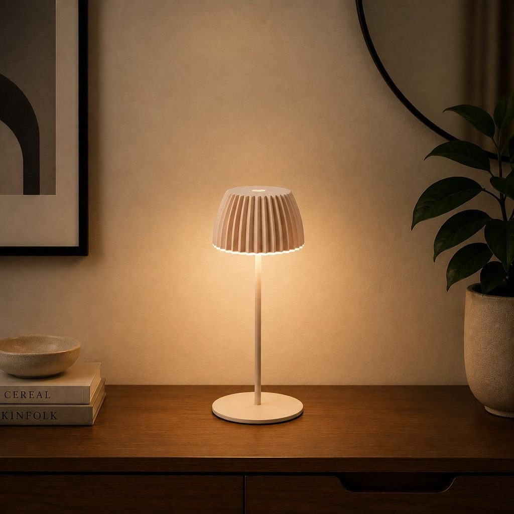 BRILO 7552011 Nabíjecí stolní lampa Riffle Mini - 20 cm, 1,5W, 150lm, bezdrátová, LED, stmívatelné, dotykový vypínač, béžová - BRILO