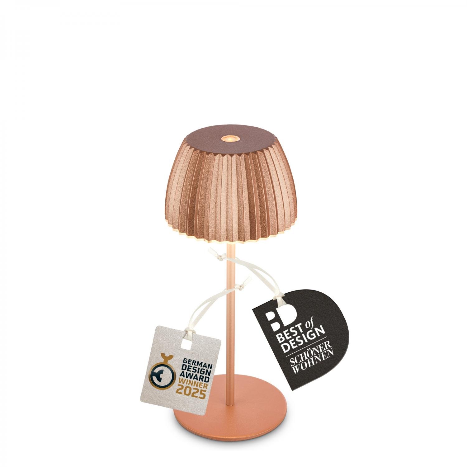 BRILO 7552013 Nabíjecí stolní lampa Riffle Mini - 20 cm, 1,5W, 150lm, bezdrátová, LED, stmívatelné, dotykový vypínač, měď - BRILO