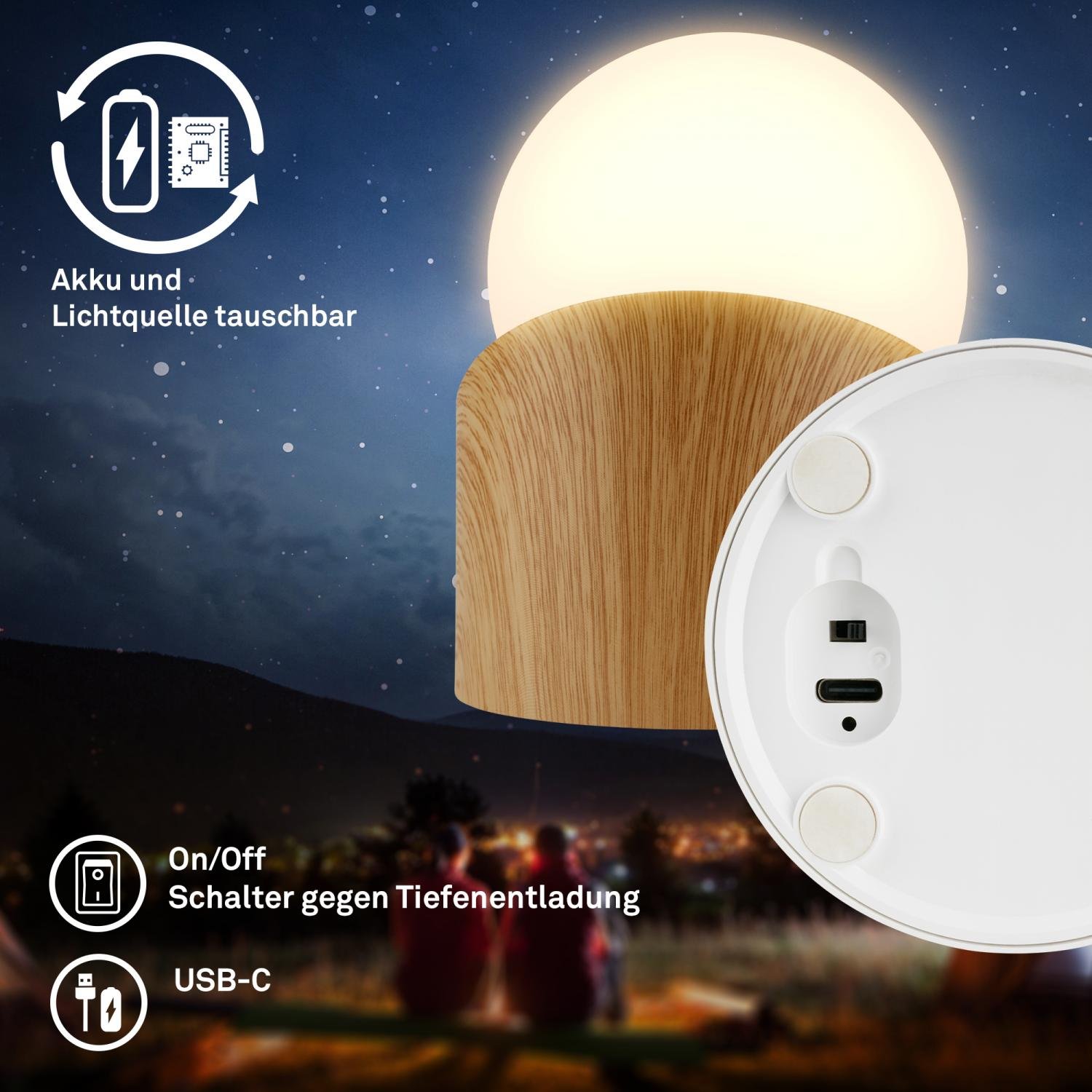 BRILO 7561011 Sora Mini LED stolní lampička bezdrátová IP54, stmívatelné, dotykový vypínač, imitace dřeva - BRILO (obrázek 7)