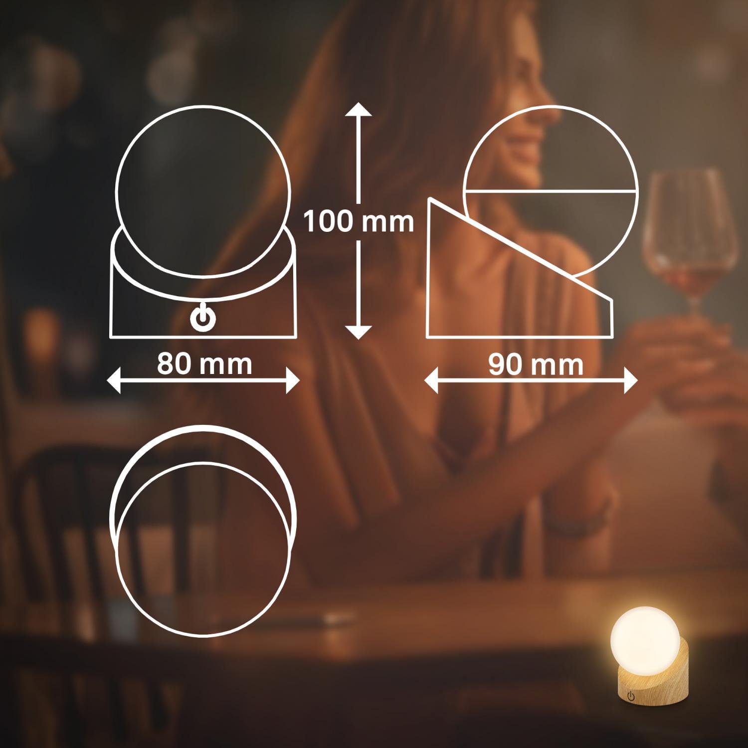 BRILO 7561011 Sora Mini LED stolní lampička bezdrátová IP54, stmívatelné, dotykový vypínač, imitace dřeva - BRILO (obrázek 10)