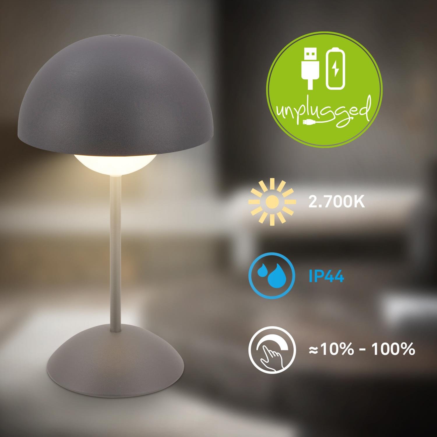 BRILO 7578015 Kugle stolní lampička - 3W, 250lm, bezdrátová, LED, stmívatelné, dotykový vypínač, teplá bílá, antracit - BRILO (obrázek 3)