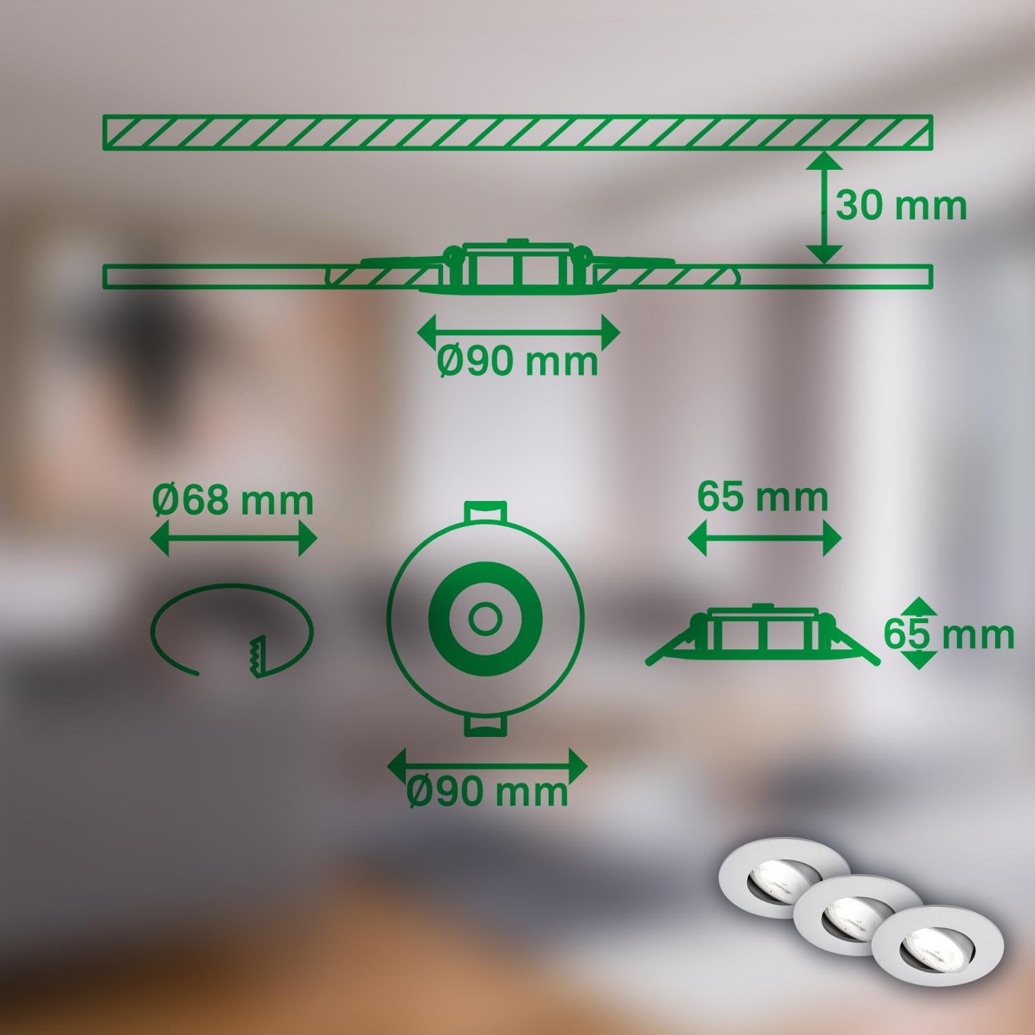 BRILO 7989034 3ks sada LED vestavné bodové svítidlo EEK A  2W, 230V, nastavitelné, ultraploché, 90mm, matný chrom - BRILO (obrázek 9)