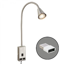Obrázek pro produkt Justra lampa na čtení, nastavitelná, 2x USB porty, matný nikl - BRILONER