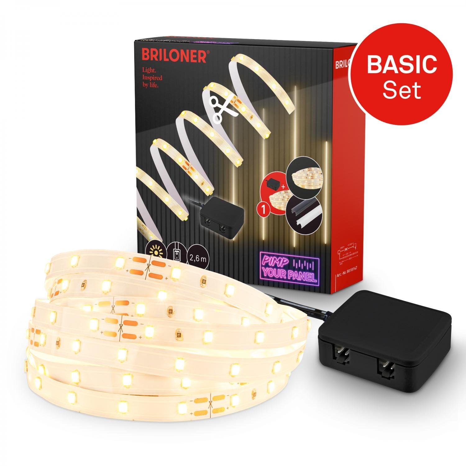 BRI 8018147 Startovací sada On/Off LED pásek pro nástěnné panely – 260cm, vypínač, vč. rozbočovače - BRILONER