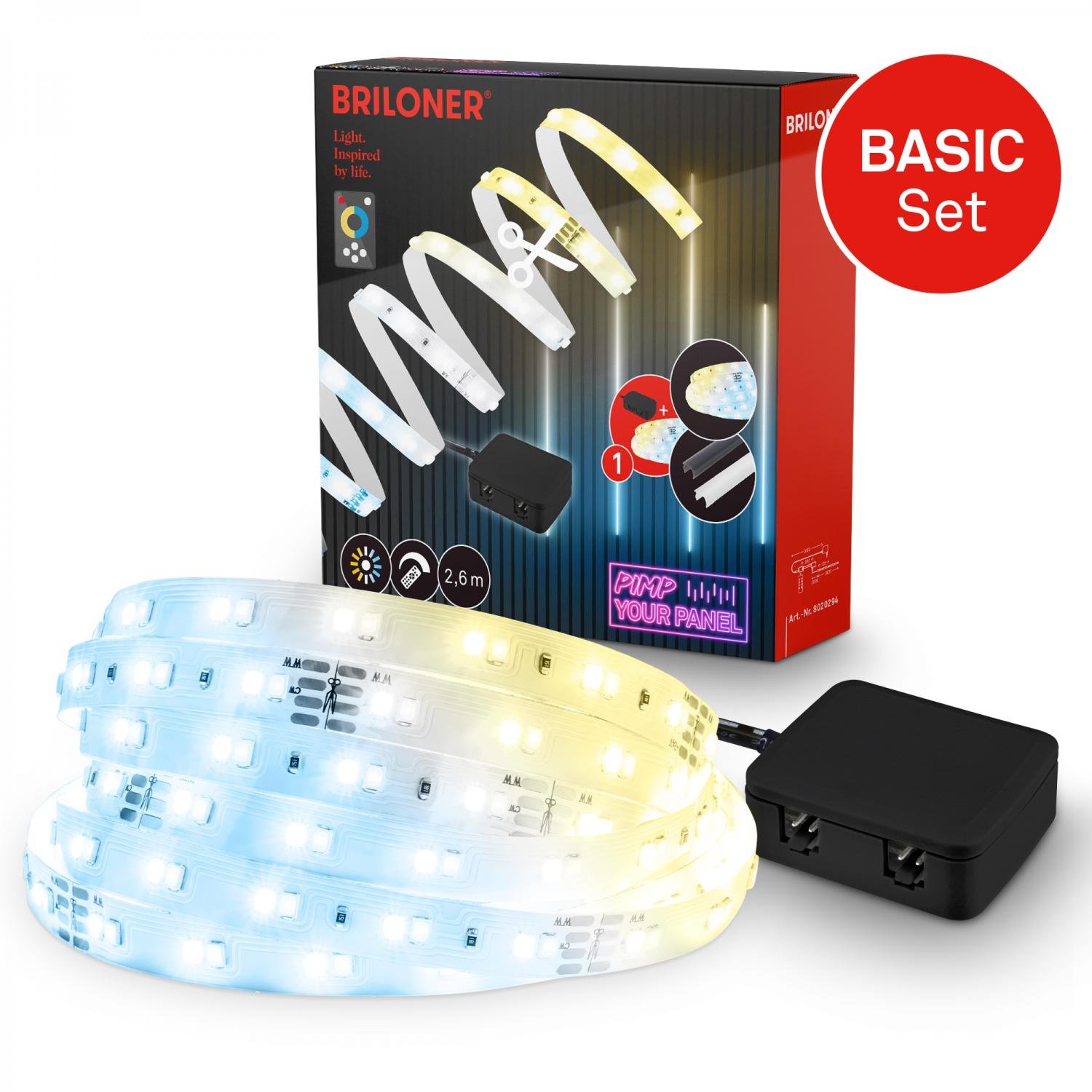BRI 8020294 Startovací sada CCT LED pásek pro nástěnné panely – 260cm, dálkový ovladač, vč. rozbočovače - BRILONER