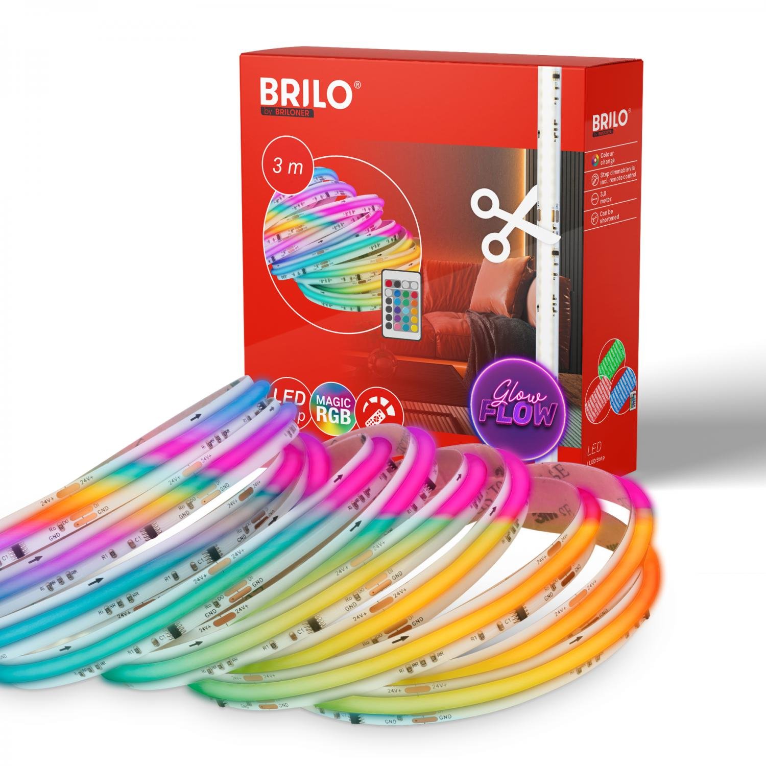 BRILO 2322480 COB LED pásek 3m, dálkový ovladač, RGB IC dynamické barvy, bílý - BRILO