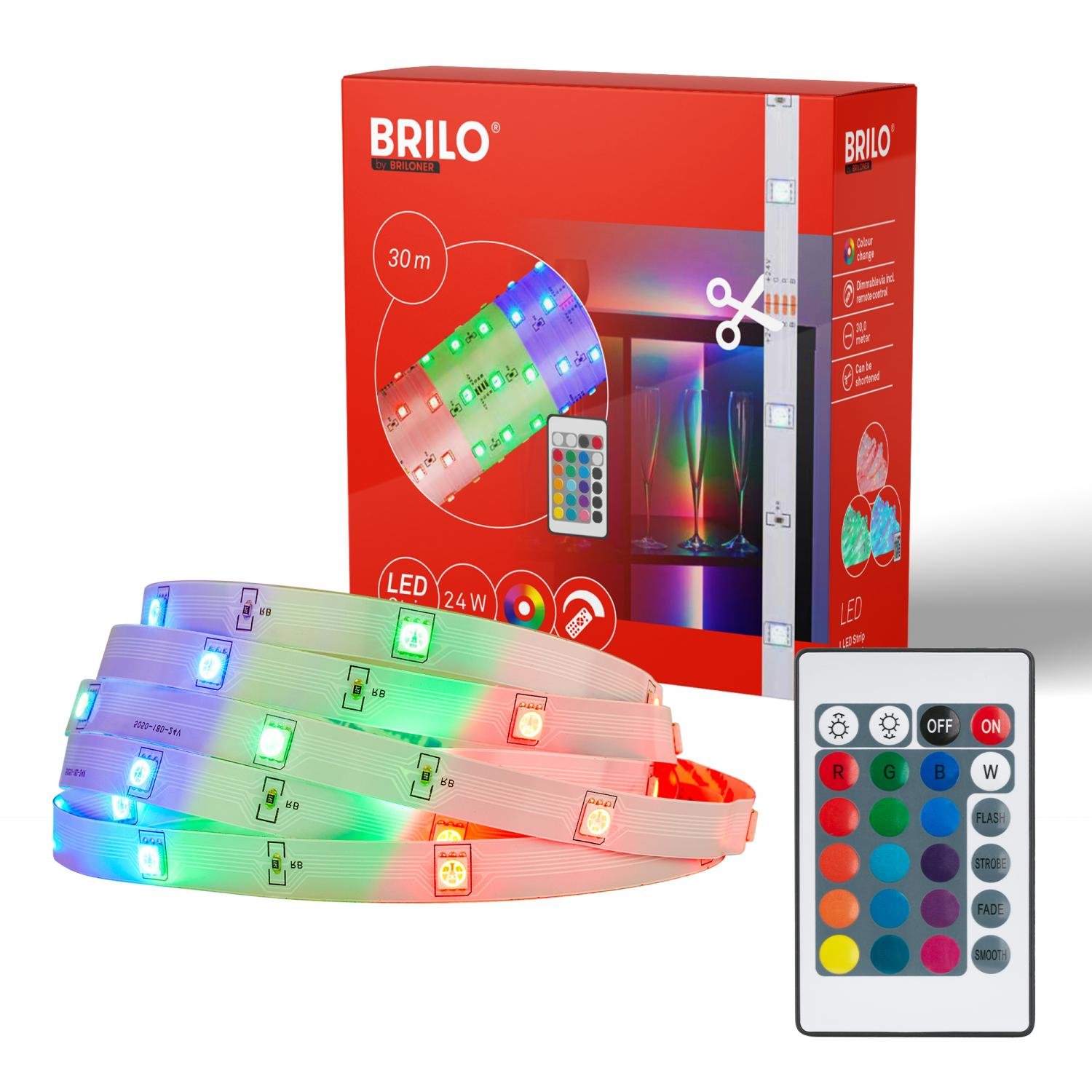 BRILO 2323540 LED pásek 30m, dálkový ovladač, RGB dynamické barvy, bílý - BRILO