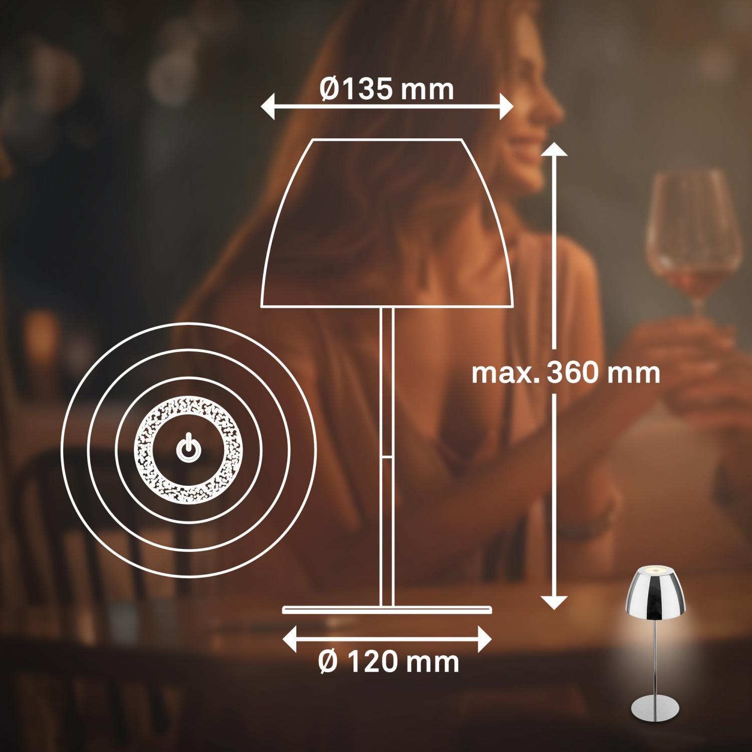 BRILO 7522118 Serina LED bezdrátová stolní lampička IP44, stmívatelná, dotykový vypínač, chrom - BRILO (obrázek 10)