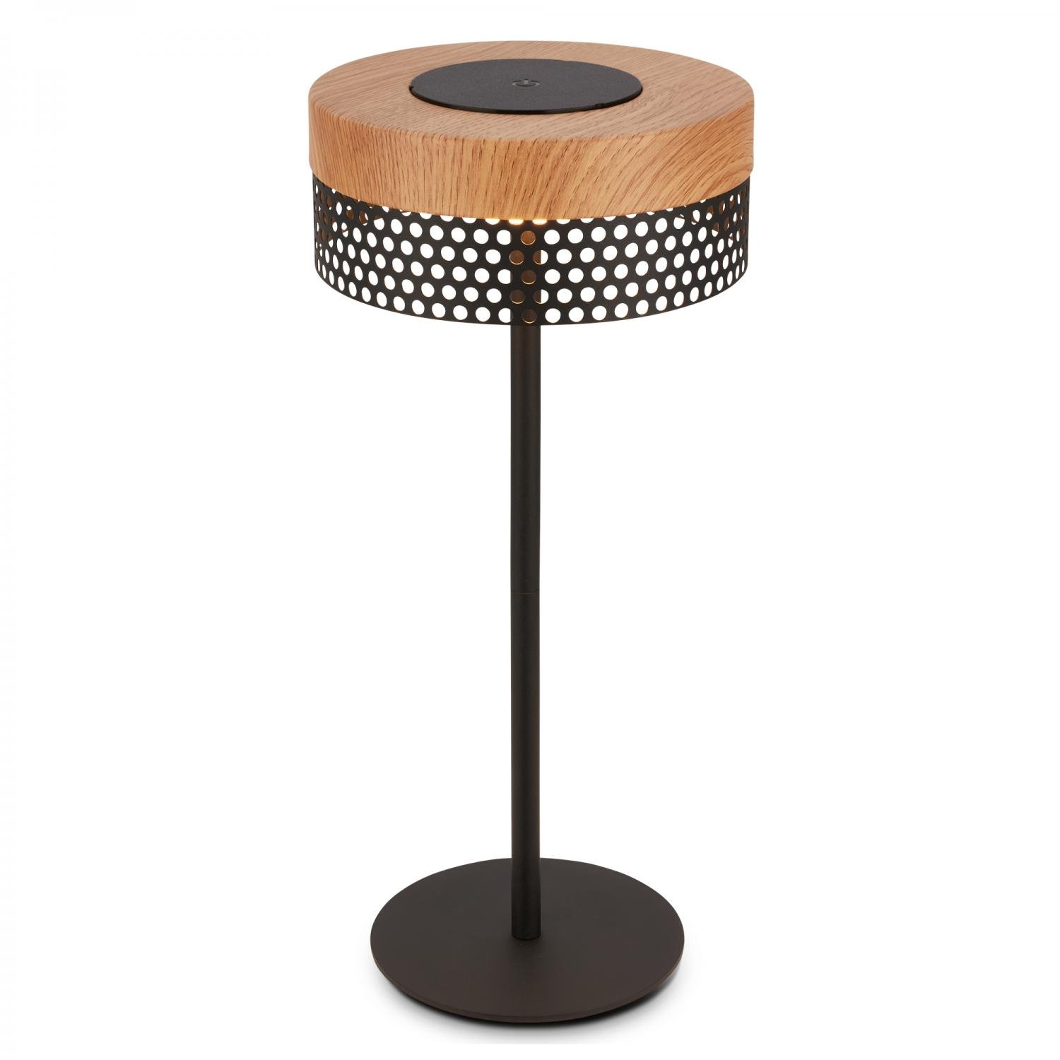 BRILO 7576014 Booha stolní lampa - 2,5W, 300lm, bezdrátová, IP44, LED, stmívatelná, teplá bílá, černá/dřevo - BRILO