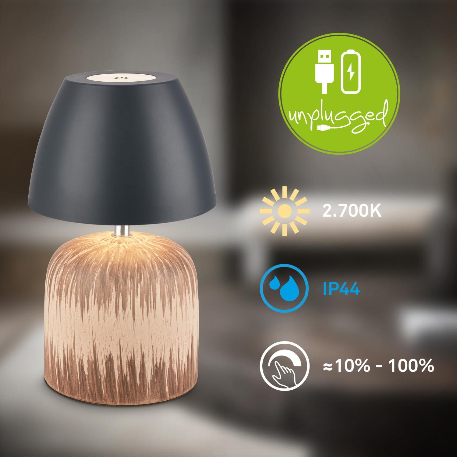 BRILO 7593014 Cera stolní lampa - 2,5W, 200lm, bezdrátová, IP44, LED, stmívatelná, teplá bílá, antracit/dřevo - BRILO (obrázek 3)