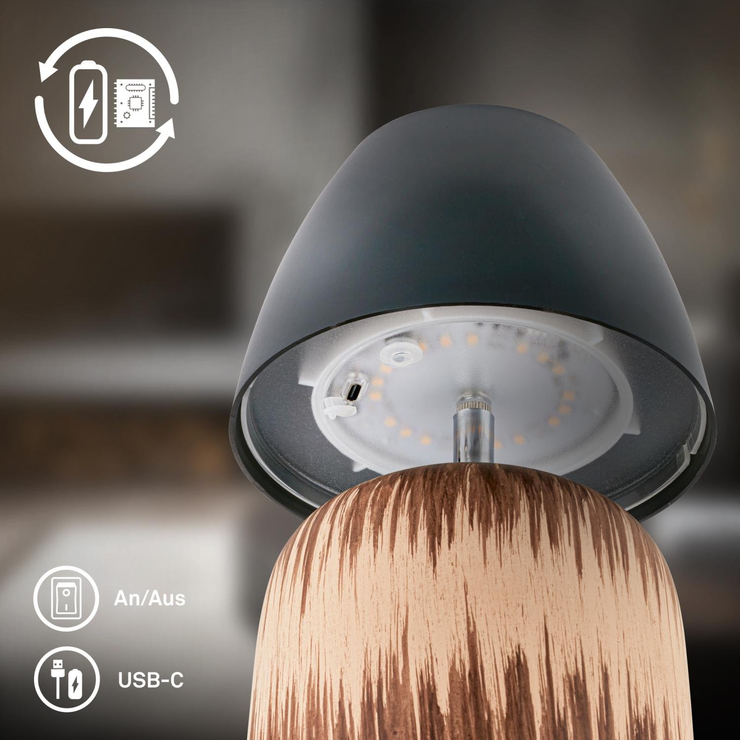 BRILO 7593014 Cera stolní lampa - 2,5W, 200lm, bezdrátová, IP44, LED, stmívatelná, teplá bílá, antracit/dřevo - BRILO (obrázek 5)